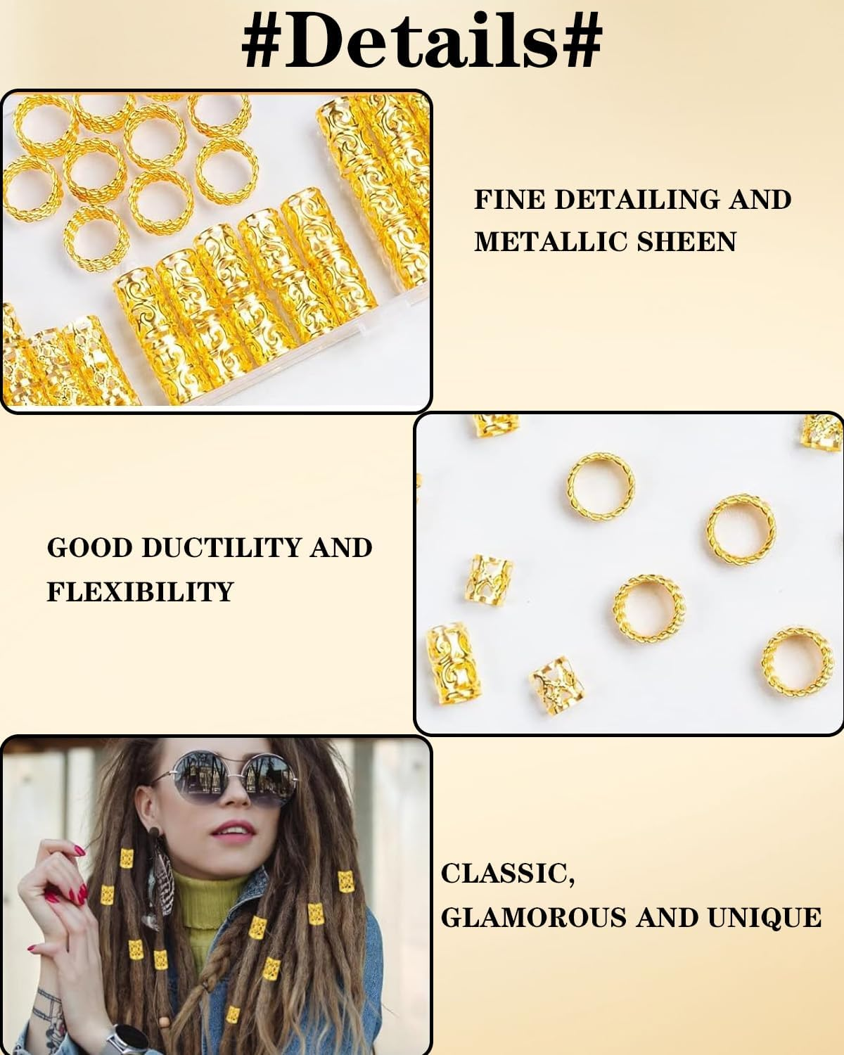 KGDUYC Pack of 110 Dreadlocks Jewellery Hair Accessories for Braids, Aluminium Hair Rings for Braids, Jewellery, Adjustable for Men and Women, Woven Hair Accessories, Gold, Dreadlocks Jewellery, Hair image number 5