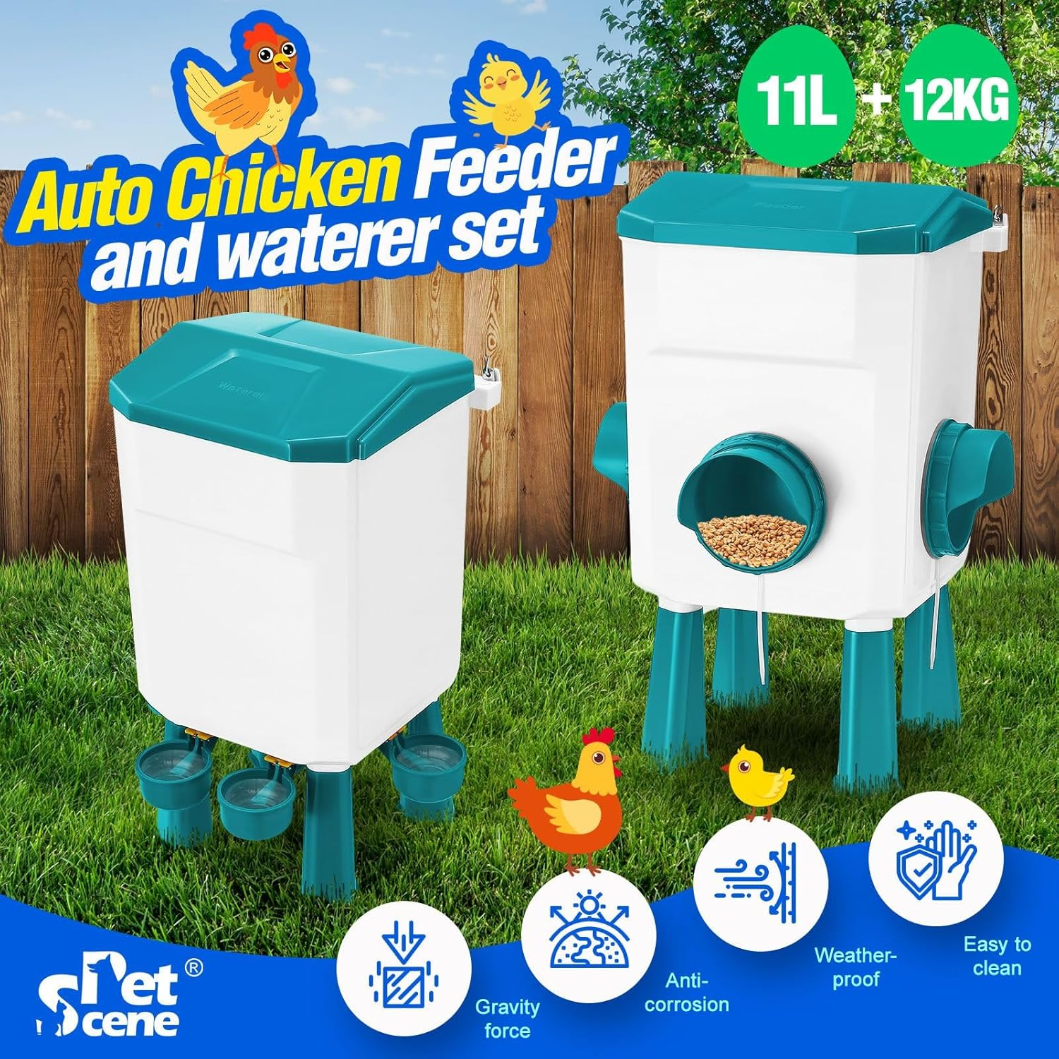 Pet Scene Chicken Feeder Waterer Set, Automatic Bird Feeder Food Water Dispenser, 12KG + 11L Capacity Auto Chook Poultry Gravity Fed Feeding Drinking in Coop Fence Rat Proof - Type 0708 Rd image number 5