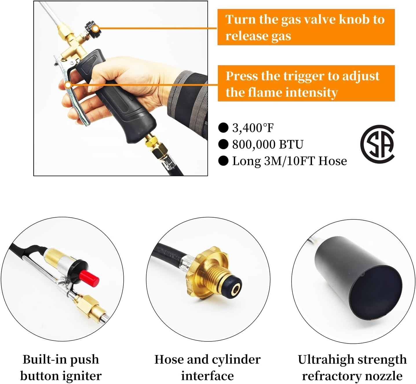 Propane Torch Weed Burner, 800,000 BTU Propane Gas Blow Torch Head Weed Torch with 10FT Hose, Flame Control, Turbo Trigger Push Button Igniter, Flamethrower for Burning Weed Roads Paint Removal