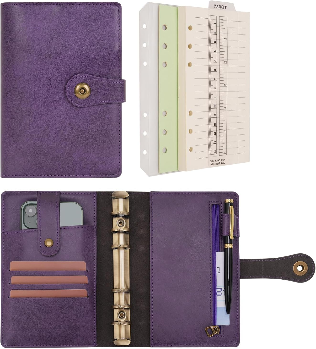 Wonderpool A5 Binder Journal Leather Spiral Notebook Refillable College Ruled Paper, Budget Binder Rings Diary Organizer with Pen for Office School Travel Business Planning Writing (Wine Red,A5)