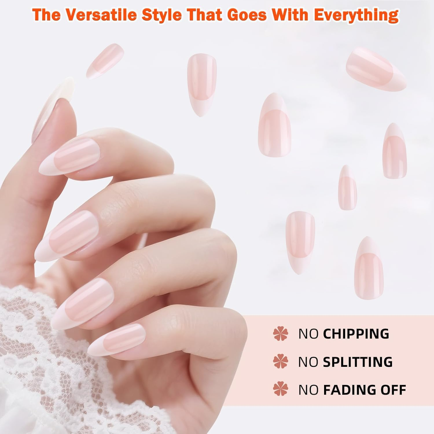 24 Pieces Long Almond French Press on Nails Kit, White Tips, Full Coverage Artificial Nails (French - Almond) image number 2