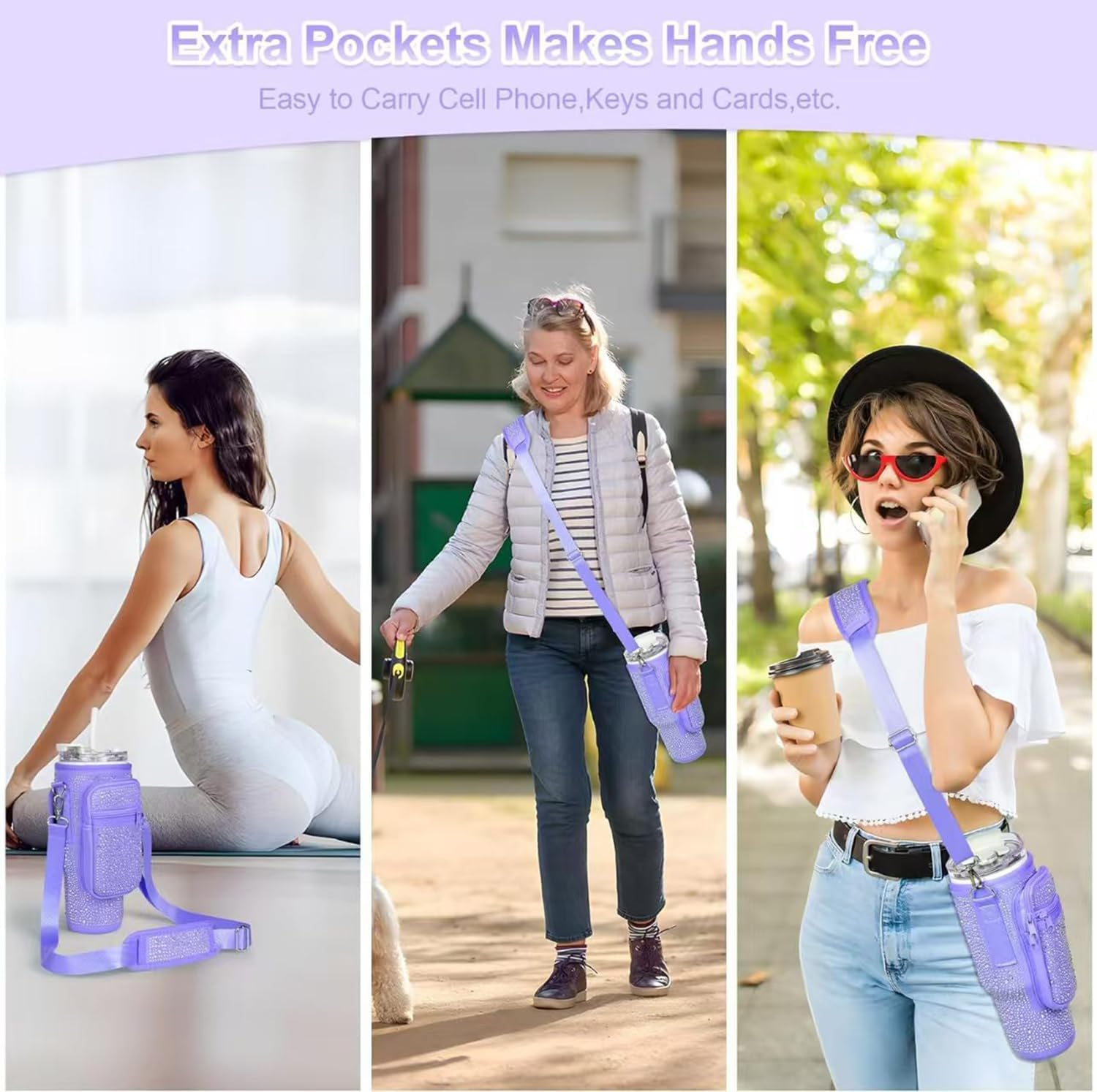 Bling Water Bottle Carrier Bag with Phone Pocket for Stanley Cup 40 Oz, Neoprene Water Bottle Holder Pouch with Adjustable Strap for Stanley Cup Accessories (Black) - Blue image number 4