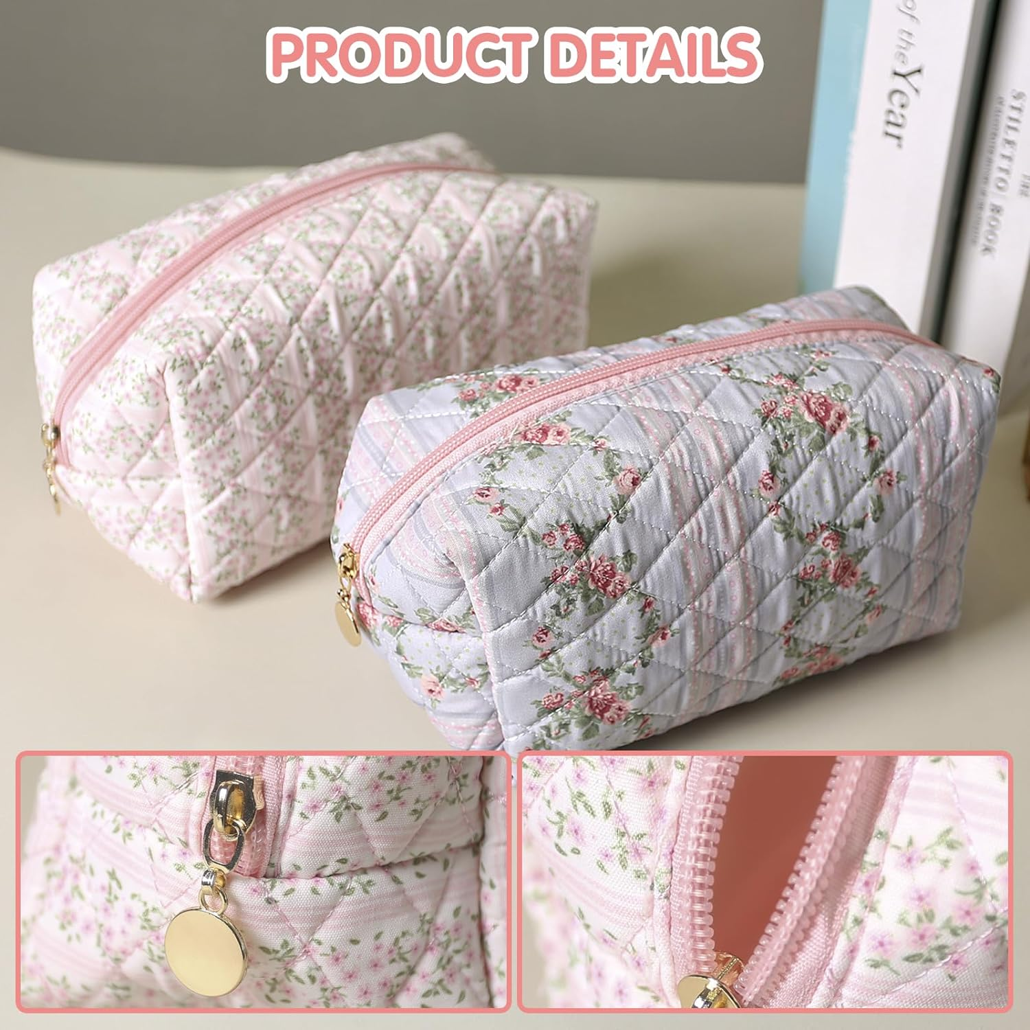 Floral Makeup Bag, Cute Quilted Makeup Toiletry Bag, Zipper Cosmetic Pouch, Daily Travel Use Skincare Bag, Multipurpose Organizer Bag, Blossom Blush Pink, Cute - 2Pack Pink + Blue image number 6