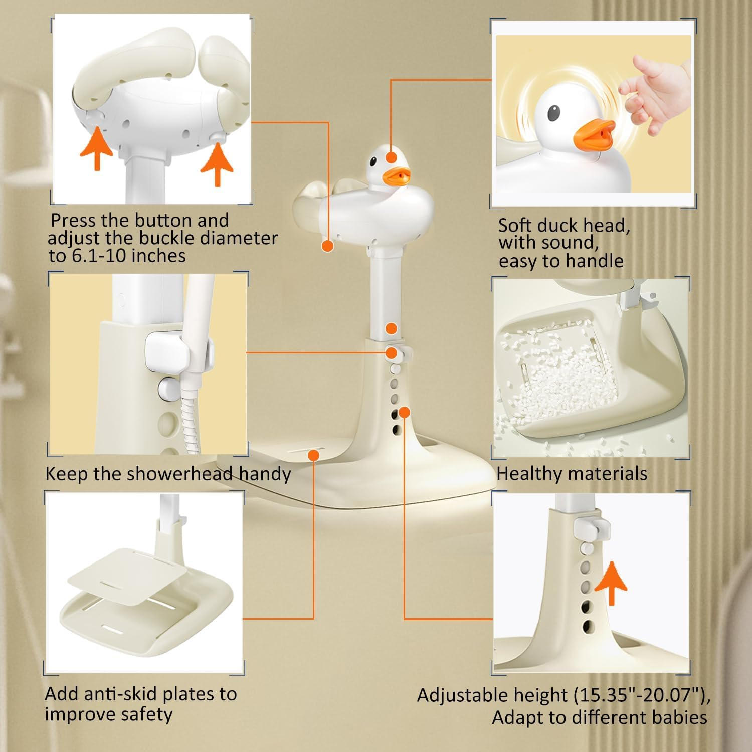 Adjustable Height Baby Shower Stand with Anti-Slip Base,Bath Shower Standing Support Baby Bath Stand,Portable Bath Helper Baby,Free Mother Hands (Khaki)