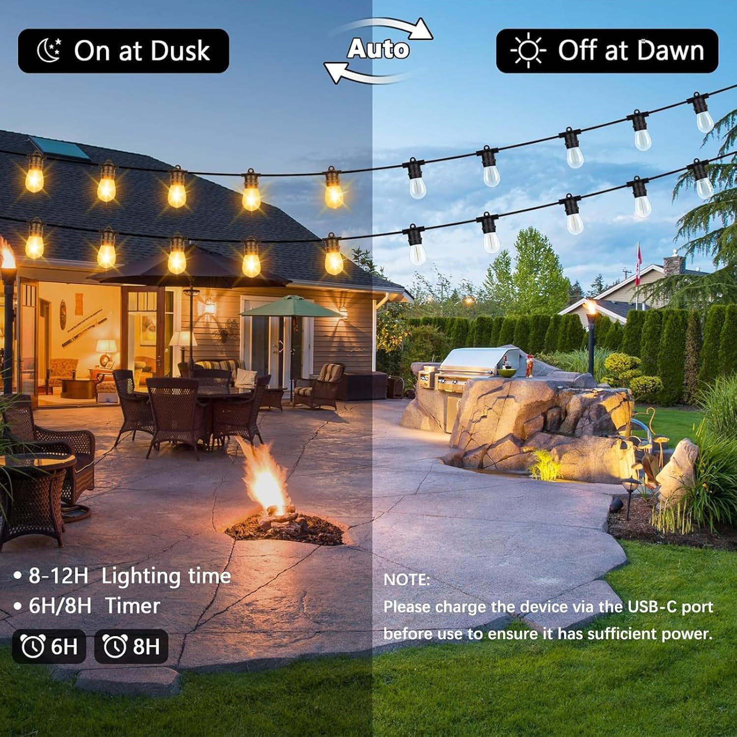 BAMDECOR 15M Solar Festoon Lights Outdoor, 2700K Warm White Solar Powered String Lights with 2400Mah Battery, Festoon Light for Patio Backyard Balcony Gazebo Party Carpor