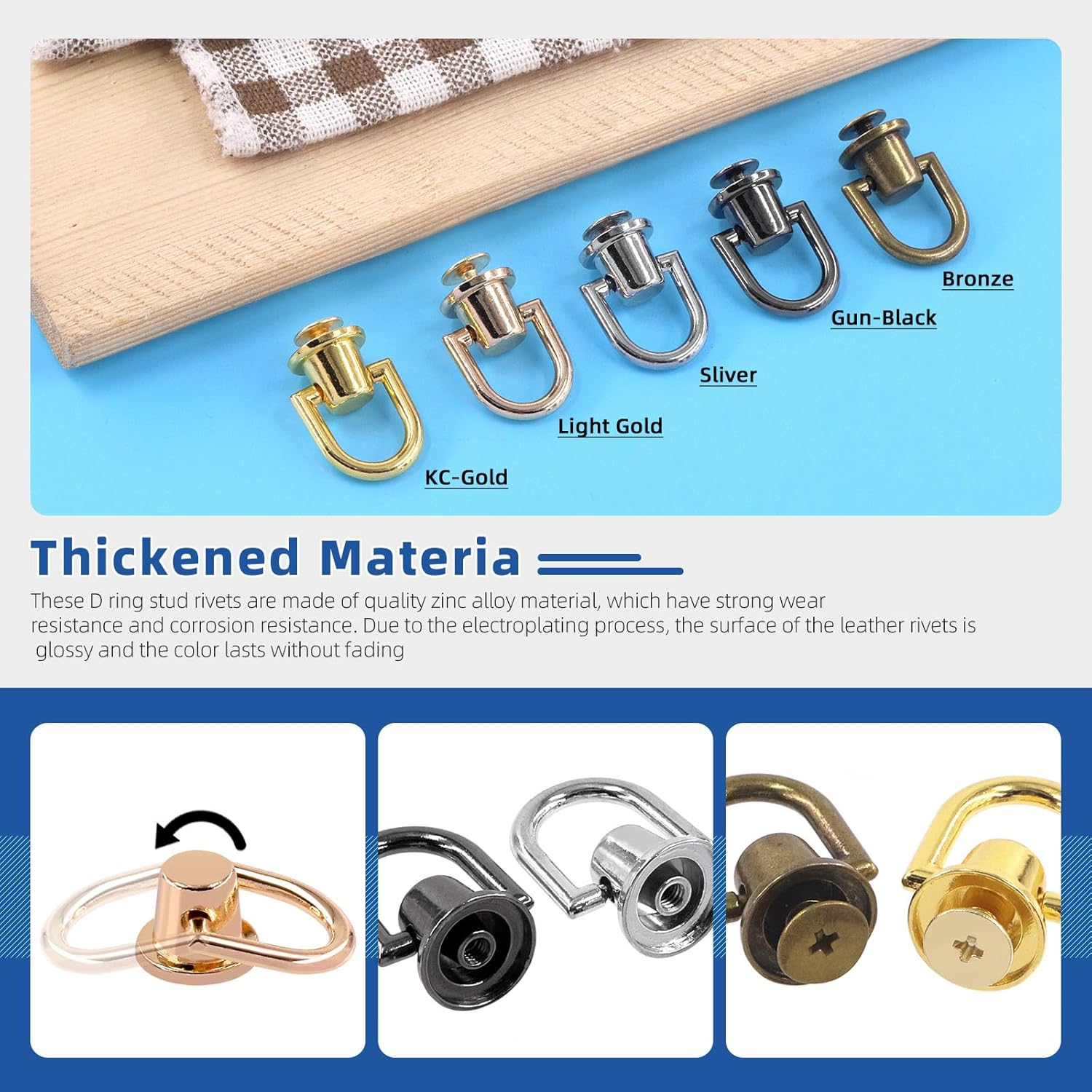 Glarks 41Pcs D Ring Rivets Kit Light Gold Ball Post Head Buttons Metal D Ring Stud Rivets Rotatable round Rivets with Screwdriver for Bags, Belts, DIY Leather Crafts - Black image number 4