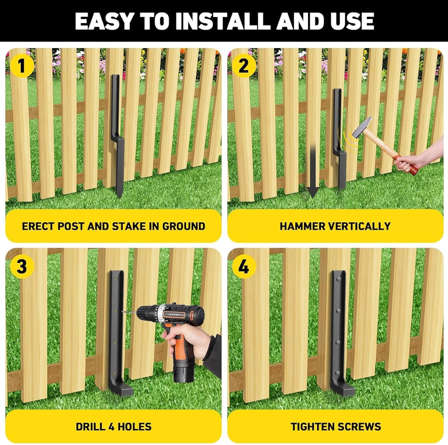 2 Pack Fence Post Repair Kit, Heavy Duty Anchor Ground Stakes for Repair Tilted Broken Wood Support, Black image number 5