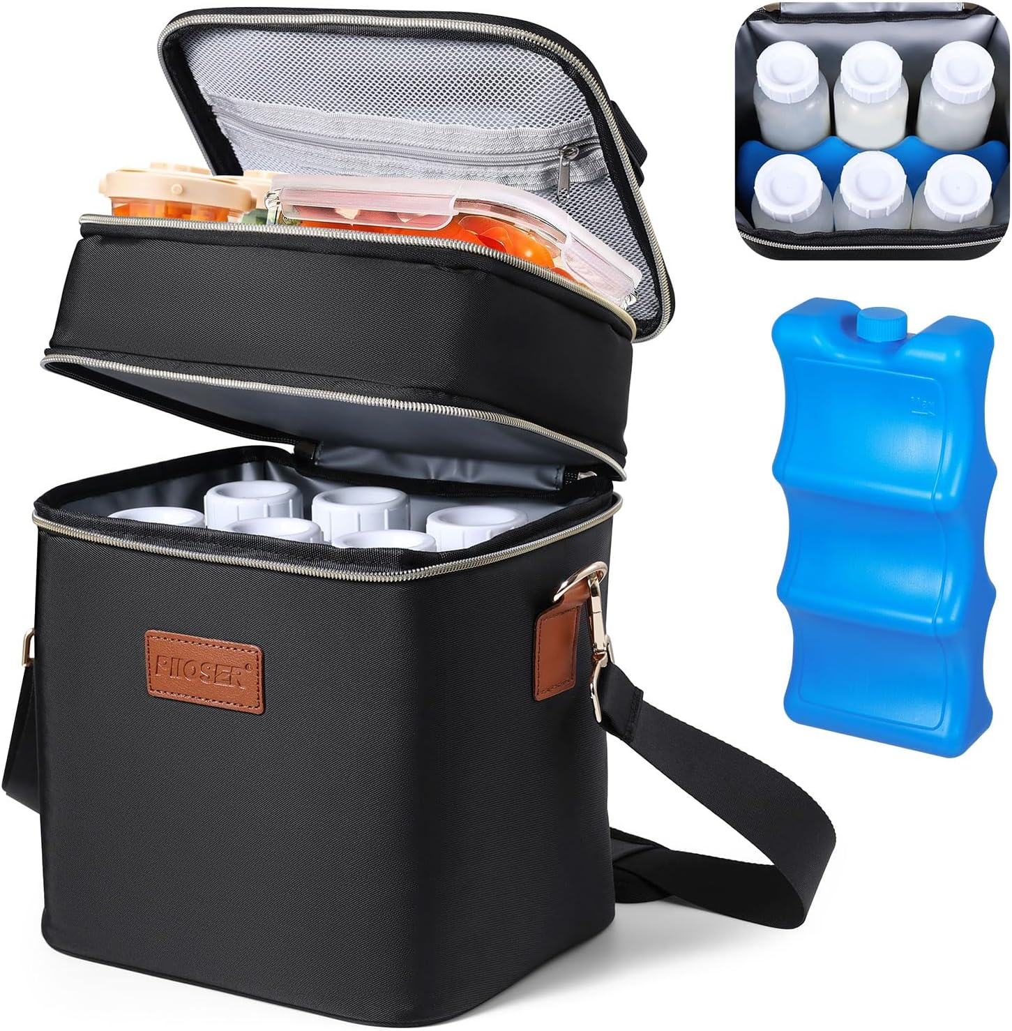 PIIOSER Breastmilk Cooler Bag with Ice Pack Fits 6 Baby Bottles up to 9 Ounce, Insulated Baby Bottle Tote Bags, Double Layer Waterproof Leak-Proof with Shoulder Strap for Nursing &Working Mom