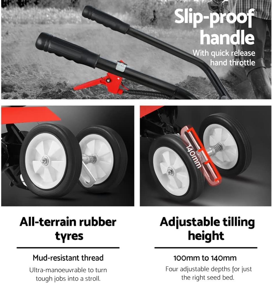 Giantz Tiller Cultivator, 88CC Garden Electric Lawn Scarifier Rotary Tillers Soil Rake Digger Outdoor Gardening Tool, 10000RPM 4 Blades Foldable Adjustable Tilling Depth Red image number 5