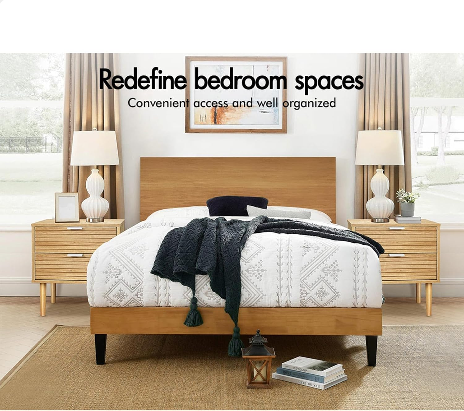 ALFORDSON Bedside Table 2-Drawer Nightstand, 48X 40X 52Cm, Side Cabinet Chest Table for Hallway, Bedroom and Living Room, Wooden Organiser Storage with Slatted Front (Wood Color) - Blackx2 image number 3