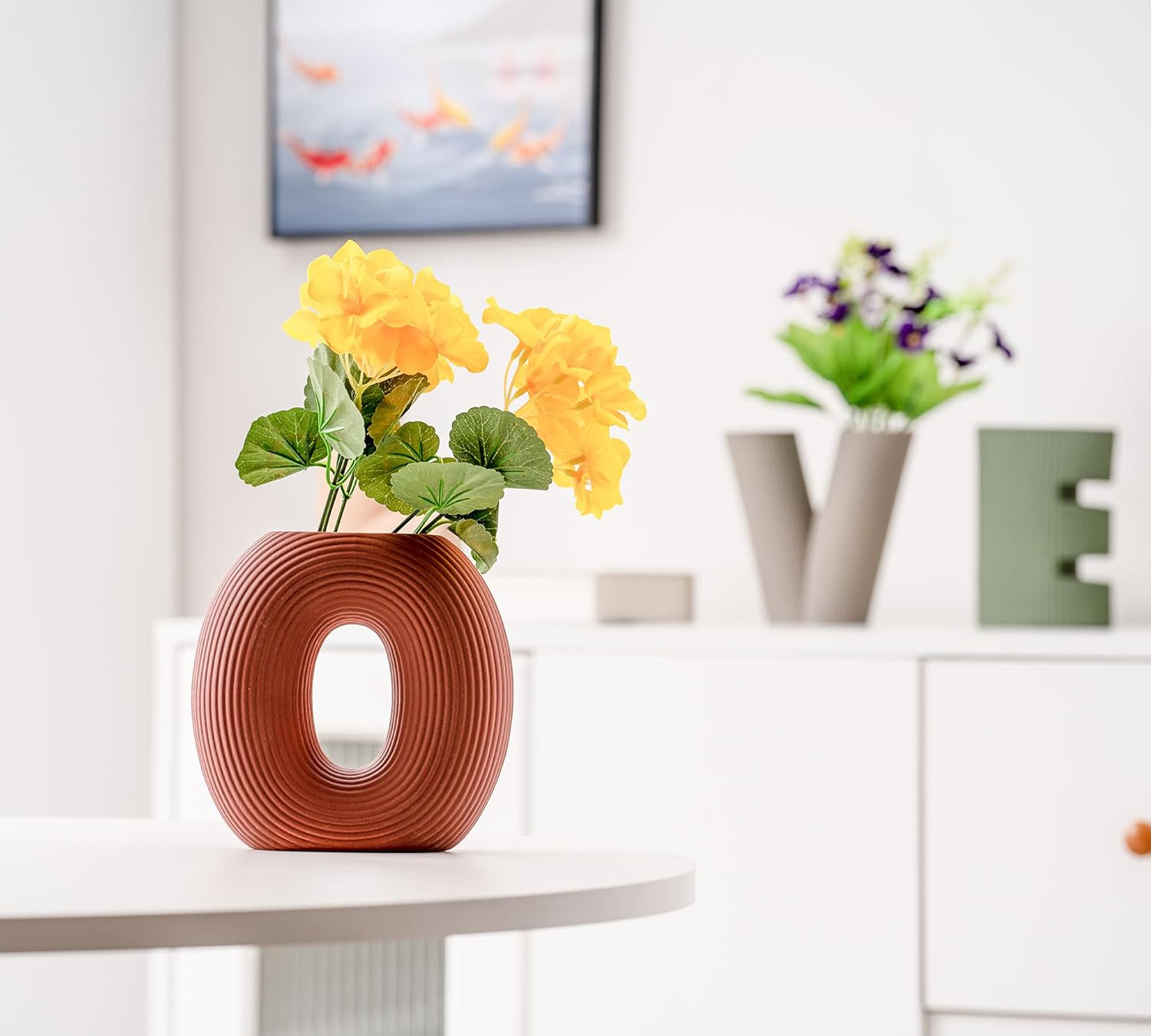 Creative Ceramic Vase Set of 4, Letters Shape Flower Vase, Multicolor Modern Minimalism Home Decor for Living Room, Table Centerpieces(Green/Brown/Burgundy/Khaki) image number 6