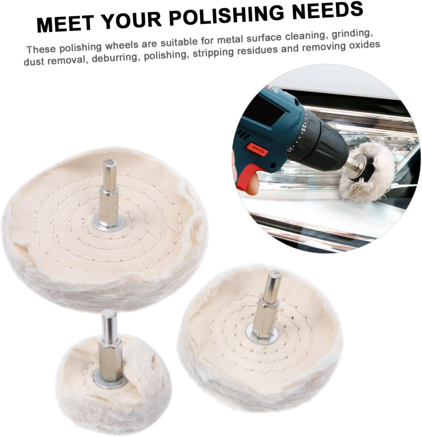 Mikinona 3Pcs Polishing Wheel Set with Handles &ndash; 50Mm, 75Mm, 100Mm Pure Cotton Buffing Mop Kit for Automotive Polisher Drill Equipment, White Cotton Polishing Wheels for Car Body Repair and Detailing image number 5