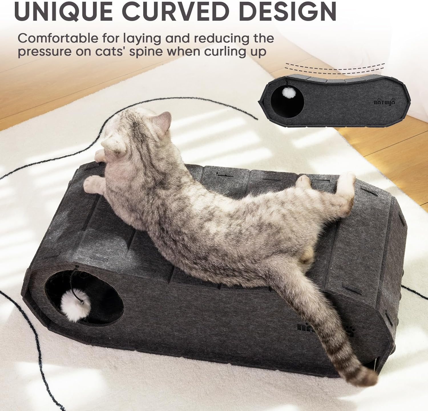 NATUYA Cat Scratching House,Cat Cave Bed for Indoor Cats, Cat Tunnel House for Multiple & Large Cats up to 10KG, Scratch Resistant Felt Cat Caves, Foldable Cat Hideaway Bed (70 X 29 X 24Cm，Black)