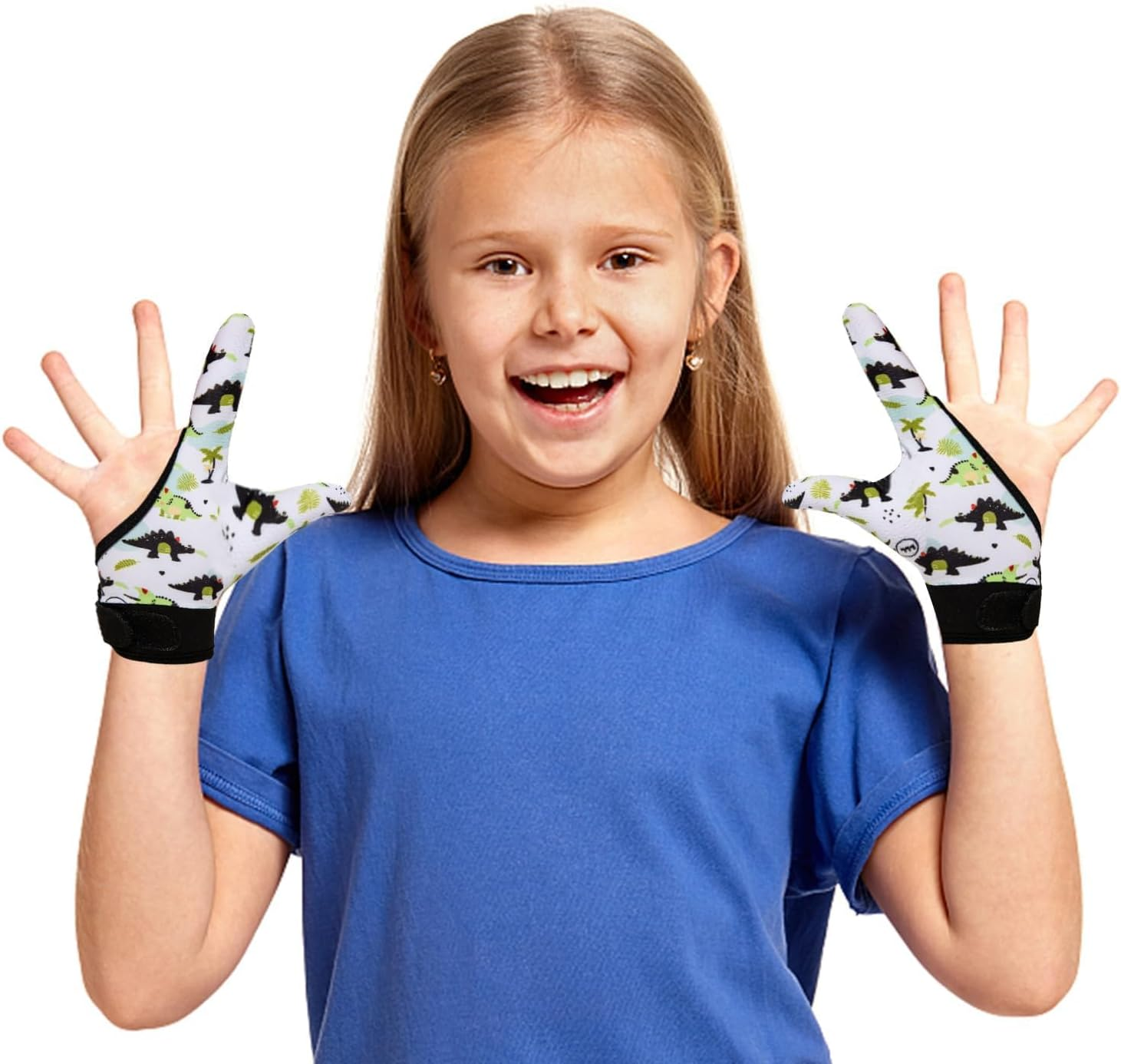 Kuskins 4 Pcs Thumb Sucking Guard Gloves for Kids Ages 5-13, Breathable Sensory Gloves to Stop Thumb Sucking & Nail Biting, Soft Cotton anti Suck Guard with Chewy Compression (Dinosaur 01)