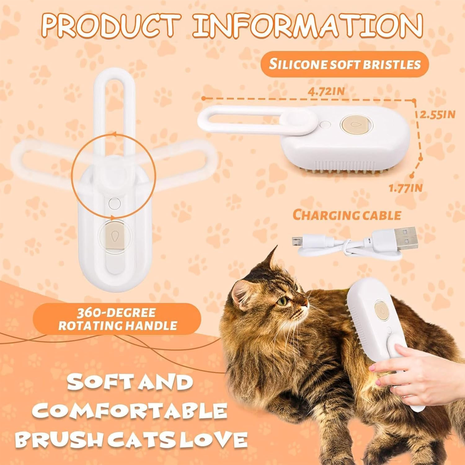 Cat Steamer Cat Brush Long Hair 3-In-1 Steam Brush Cat Pet Hair Brush Fur Brush Cat Massage Brush Eliminate Flying Hair for Cats and Dogs (White) image number 6