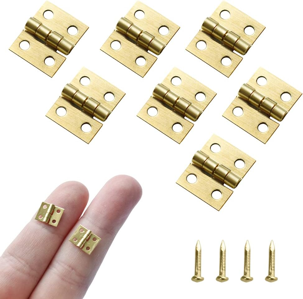 SHRJ 100Pcs Mini Brass Hinges Hardware 10 X 8Mm 180 Degree Miniature Furniture Wooden Box Jewelry Chest Box Dollhouse Cabinet DIY Accessories (Gold)