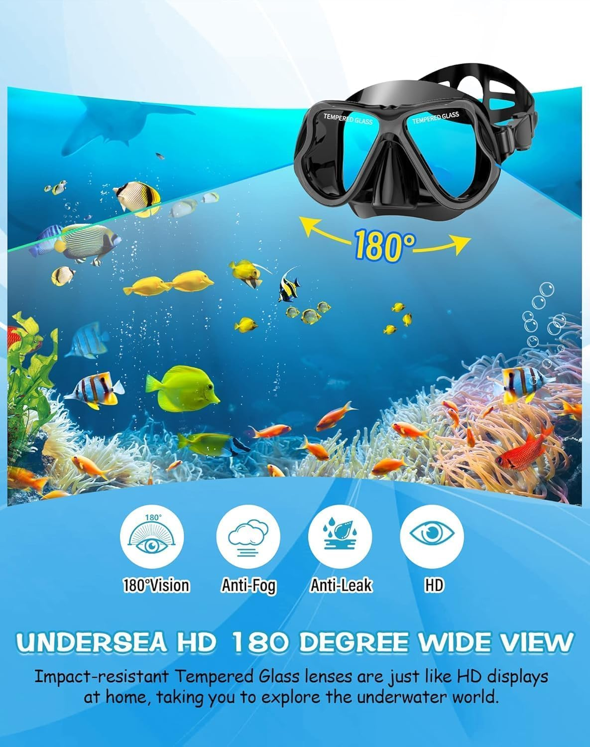 Diving Mask, Dry Top Snorkel Set, 180&deg; Panoramic Wide View, Anti-Fog Scuba Diving Mask Goggles Tempered Glass, Professional Snorkeling Gear with Waterproof Phone Pouch for Adults and Youth image number 6