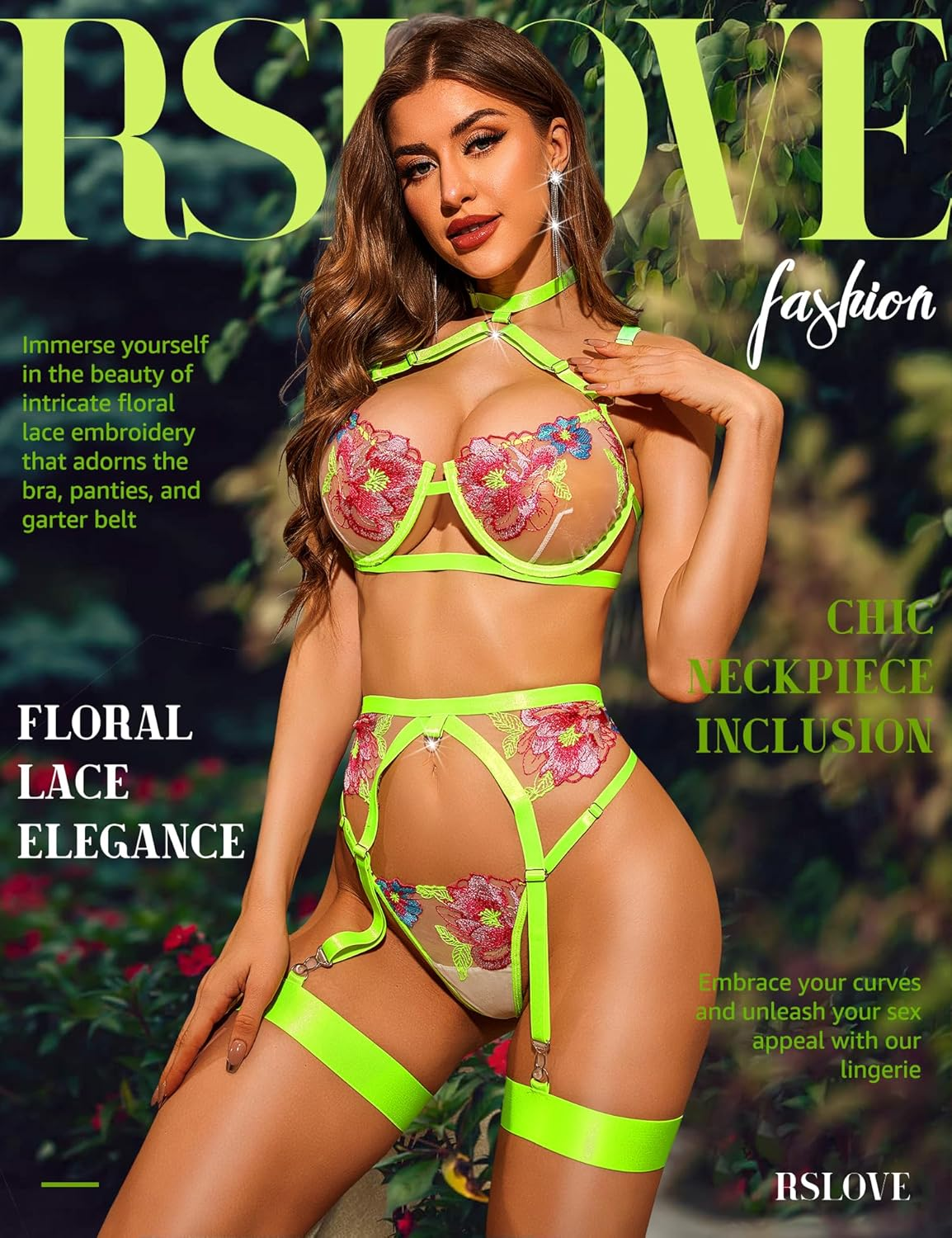 RSLOVE Women'S Sexy Lingerie Set with Garter Belt Underwire Floral Embroidered 3 Piece Bra and Panty Sets Lace Babydol image number 6