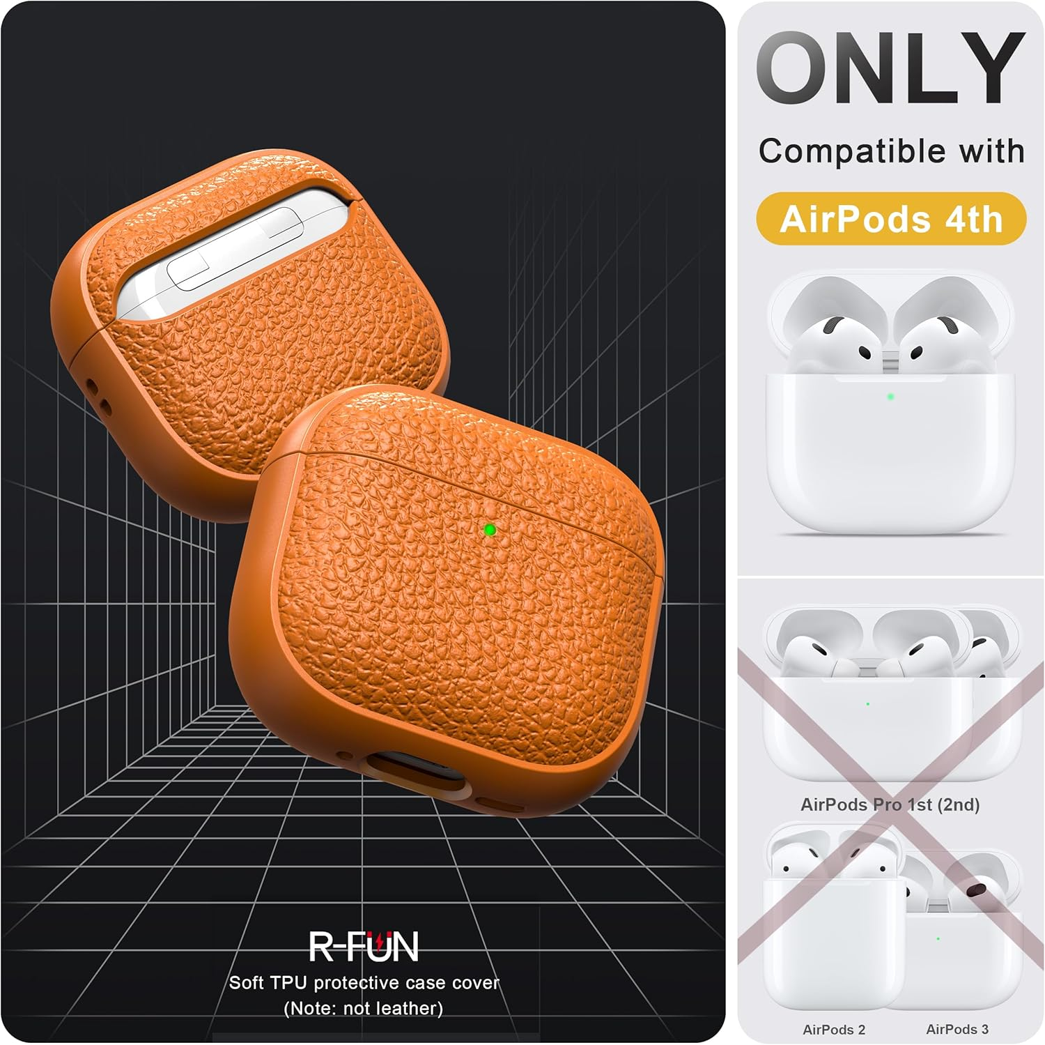 R-Fun for Airpods 4 Generation Case,Soft Leather Drop Protection Cover for Men and Women with Lanyard and Cleaner Kit, Compatible with Apple Latest Airpods 4Th Gen(Usb-C)(2024)-Orange - Black image number 7