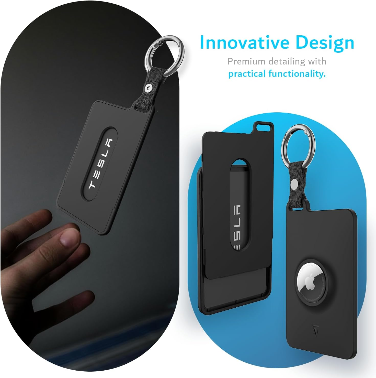 TUDIA Card Holder Case Designed for Tesla Key Card with Airtag Slot - [2 Pack] Keycard Cover for Model 3 Y S X Cybertruck with Carabiner & Scratch-Resistant Protective Card Film (Black) image number 1