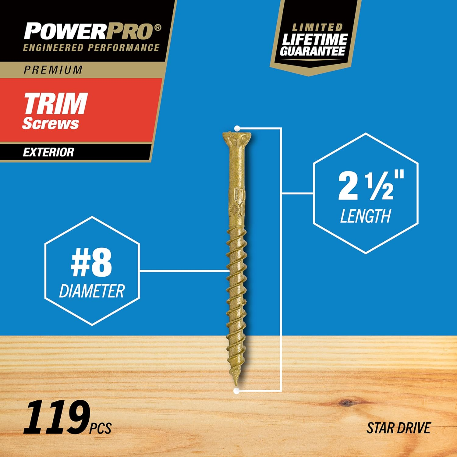 Power Pro 48632 Trim Screws, #8 X 2-1/2", All Purpose Wood, Deck, Composite, and Exterior Trim Screws, Rust Resistant, Bronze, 1Lb Box, 131 Pcs image number 4