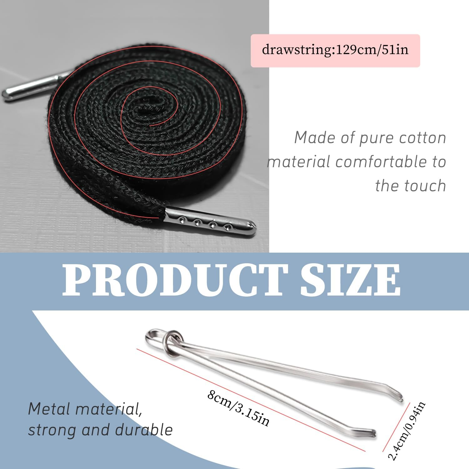 TORMEN Replacement Drawstrings Drawcords 51IN Cotton Drawstring Cord with Easy Metal Threader Adjustable Easy to Install Perfect for Hoodies Activewear(2Pcs Black Flat+Silver) image number 1