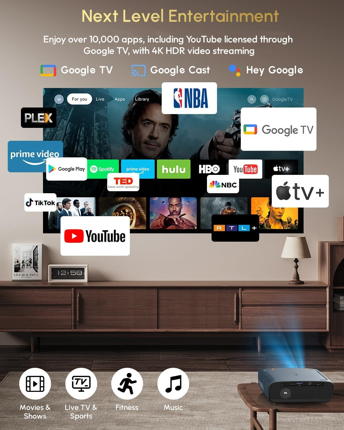 UHD 4K Projector 2400 ANSI Ultra-Bright Daylight Projector Ai-Autofocus, 38W Speaker Dobly Audio, Voice Assistant, 5Gwifi Bluetooth, Shorter Throw, HDR10 HDMI ARC for Outdoor Movie image number 5