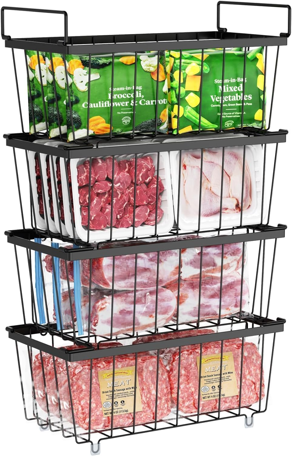 4 Pack Stackable Chest Freezer Organiser, Freezer Storage Baskets, Pantry Organiser, Deep Freezer Bins with Handles for Chest & Upright Freezers, for Frozen Meat, Vegetables & More