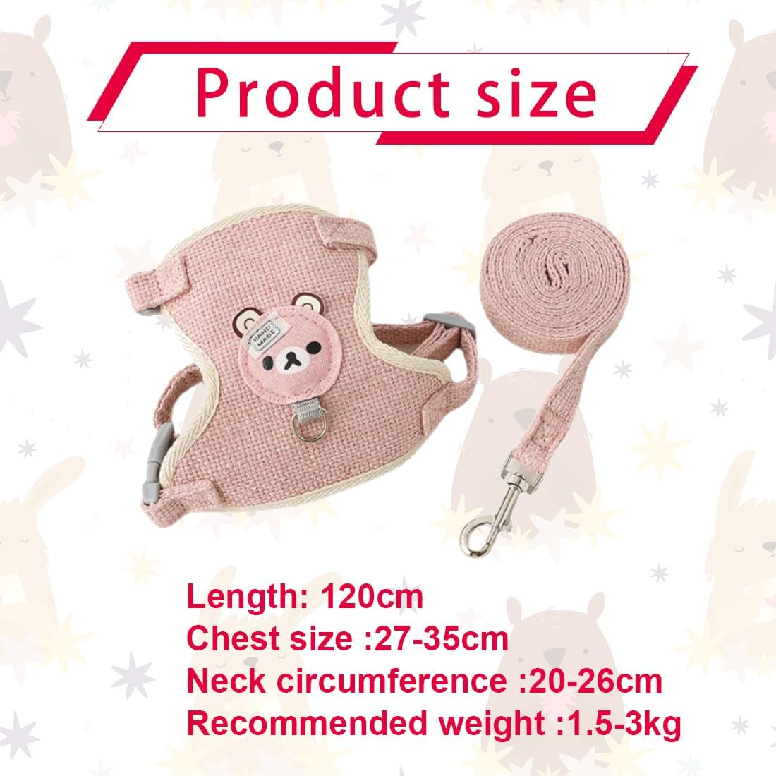 XYTAHDM Nano Rabbit Leash, 120 Cm, Rabbit Accessories, Harnesses, Collars and Leads for Small Animals, with Leash, Rabbit Harness, Adjustable Leash, for 1-1.5 Kg (Pink)