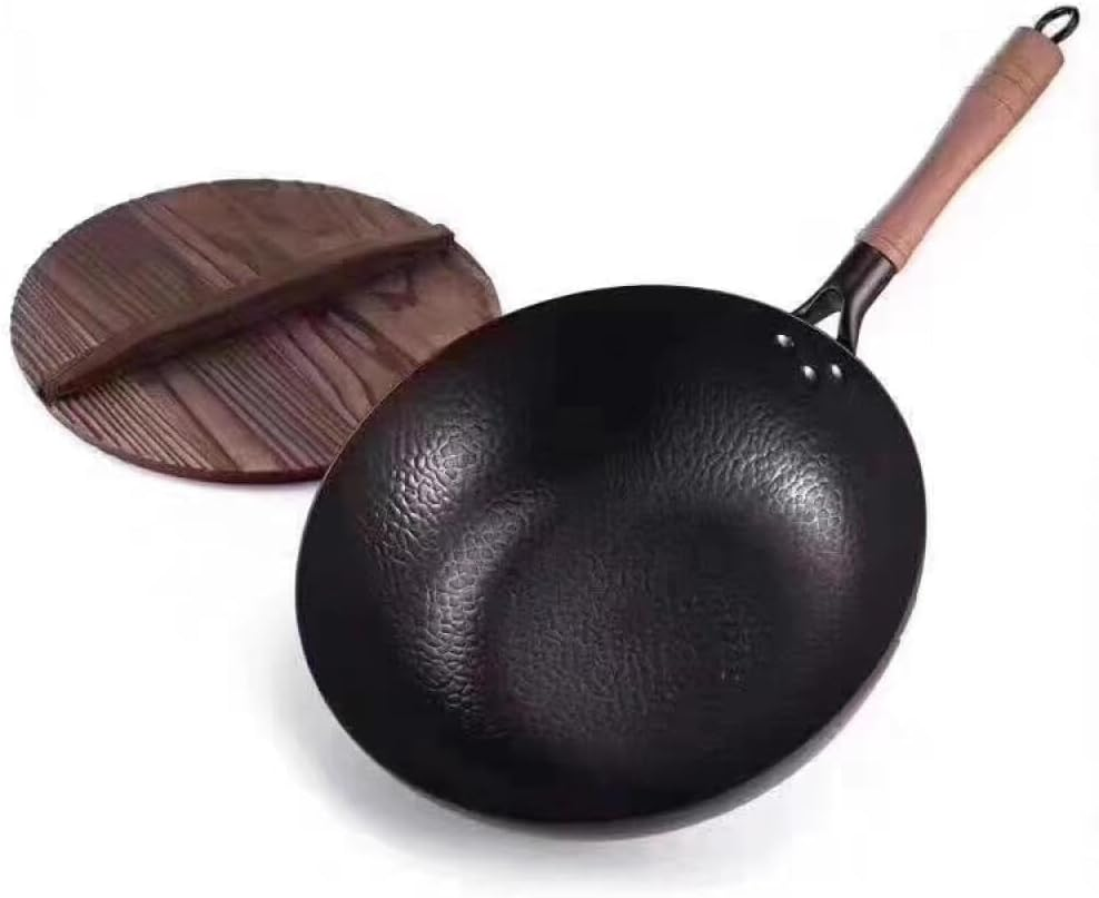 Induction Iron Wok Non-Stick Stir-Fry Flat- Bottomed Pan 32CM without Ears Cooker Kitchen Non Coating Wood Handle