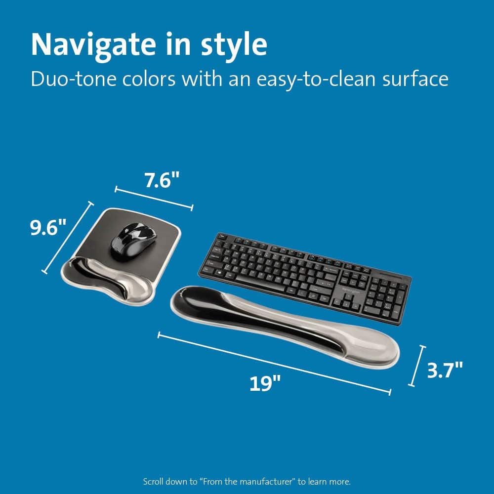Kensington Duo Gel Mouse & Keyboard Wrist Rest Bundle Set, Ergonomic Keyboard and Mouse Pad with Wrist Support, Keyboard Wrist Rest, Computer Keyboard Pad, Cooling Gel, Non-Skid Backing, Gray K52500WW image number 4