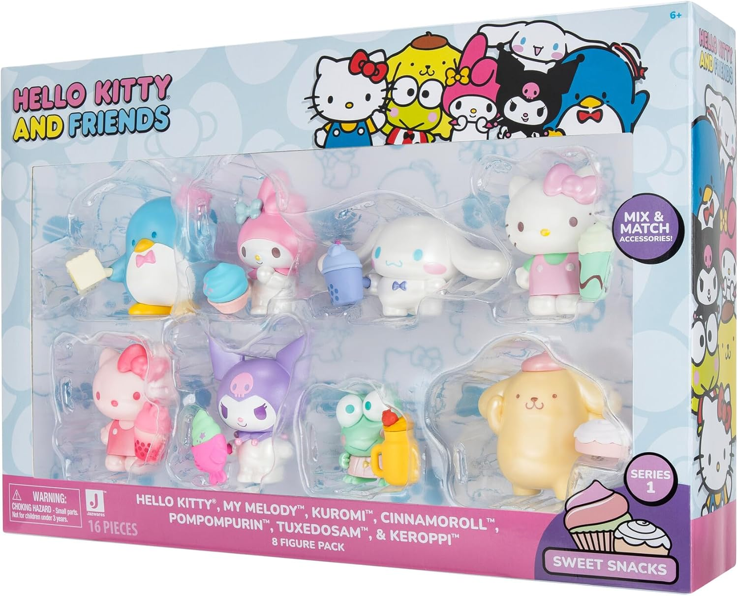 Hello Kitty Sweet Snacks 8-Pack with Mix and Match Sweet Accessories - 2&rdquo; Figures - Hello Kitty, My Melody, Kuromi, Cinnamoroll, Pompompurin, Keroppi, and Tuxedosam - Officially Licensed image number 1