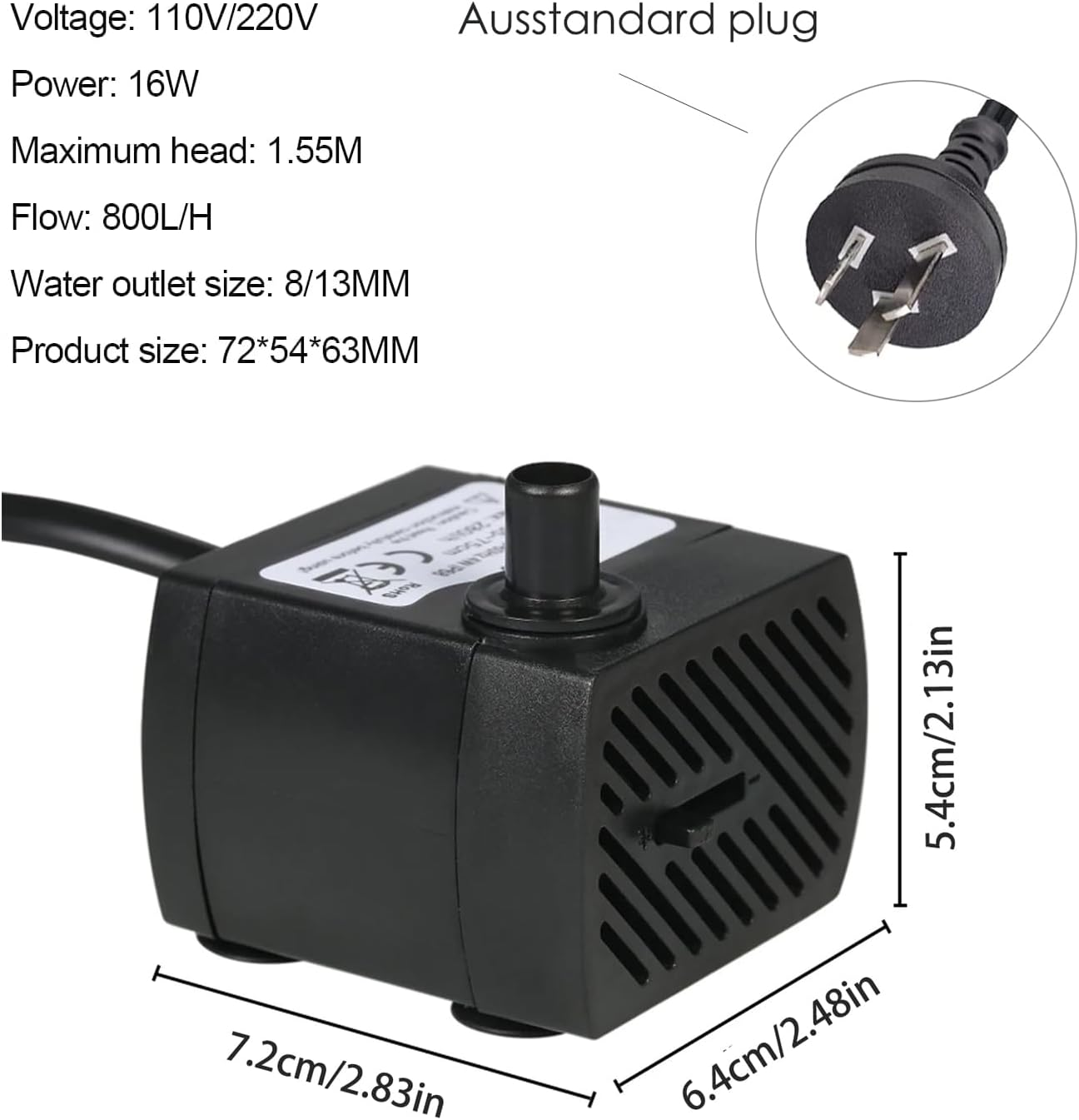 Submersible Pump, 800L/H 16W Aquarium Submersible Water Pump, Pond Pump, Ultra Quiet Adjustable Water Pump for Gardening, Fish Tanks, Gardens, Fountains,Aquarium, Fountain, Statuary, Hydroponics.