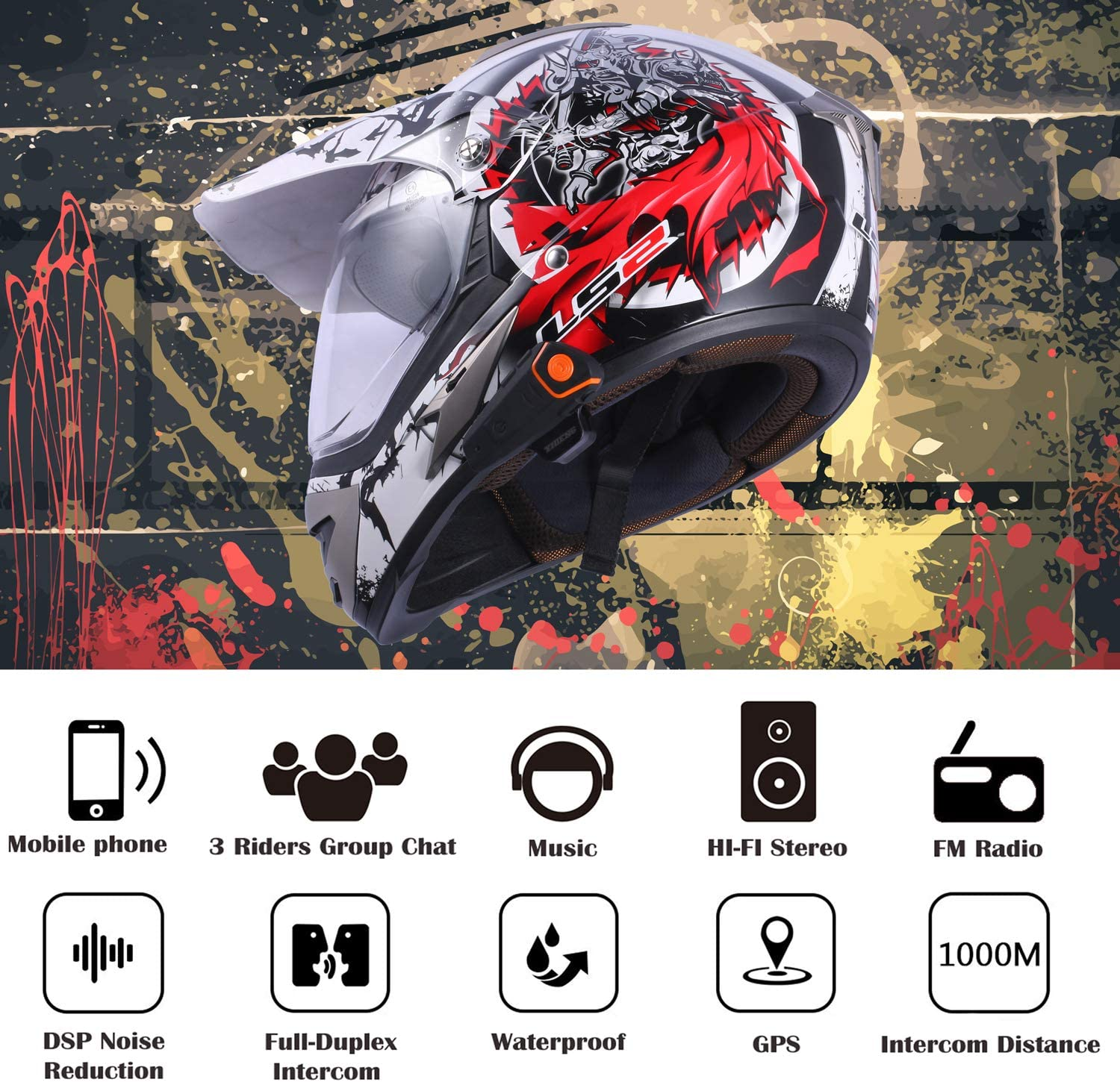 Bluetooth for Motorcycle Helmet Headset, BT-S2 Headphones Headset Speakers Built in Wireless Calling Walkie-Talkie Intercom Skiing Dirt Bike Helmet Waterproof Wireless Communication 2-3 Riders(2 Pack( image number 1