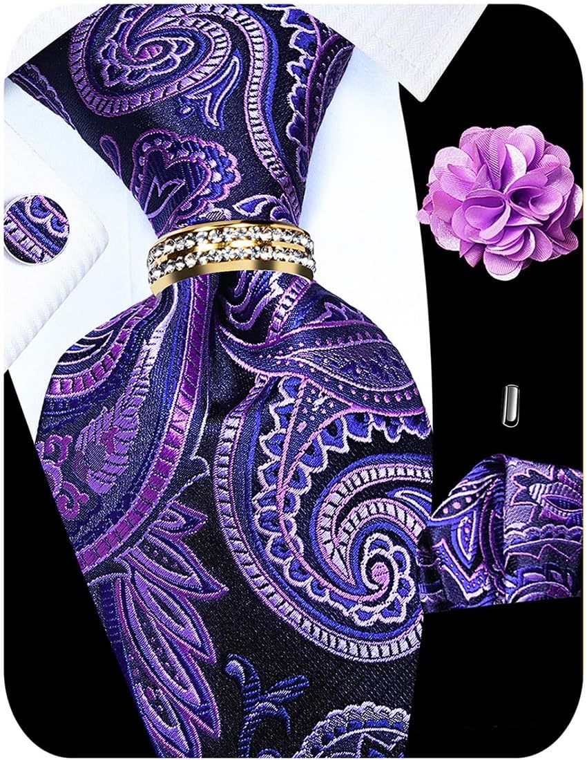 5PCS Paisley Tie and Pocket Square for Men, Silk Tie Handkerchief Cufflinks with Drilled Tie Ring and Lapel Pin Set image number 3