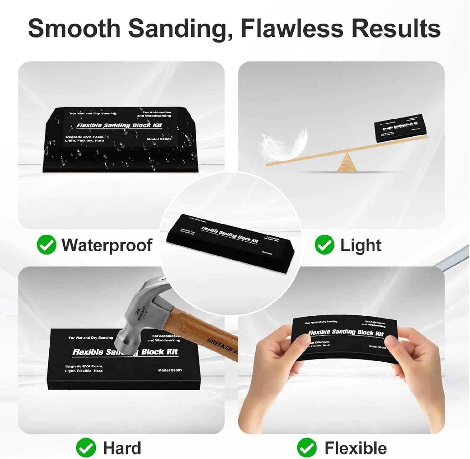 Ssumght Sanding Blocks Kit,7Pcs Flexible EVA Foam for Wet or Dry Autobody, Automotive Car Bodywork Paint, and Woodworking, Includes Sandpaper (Black) image number 4