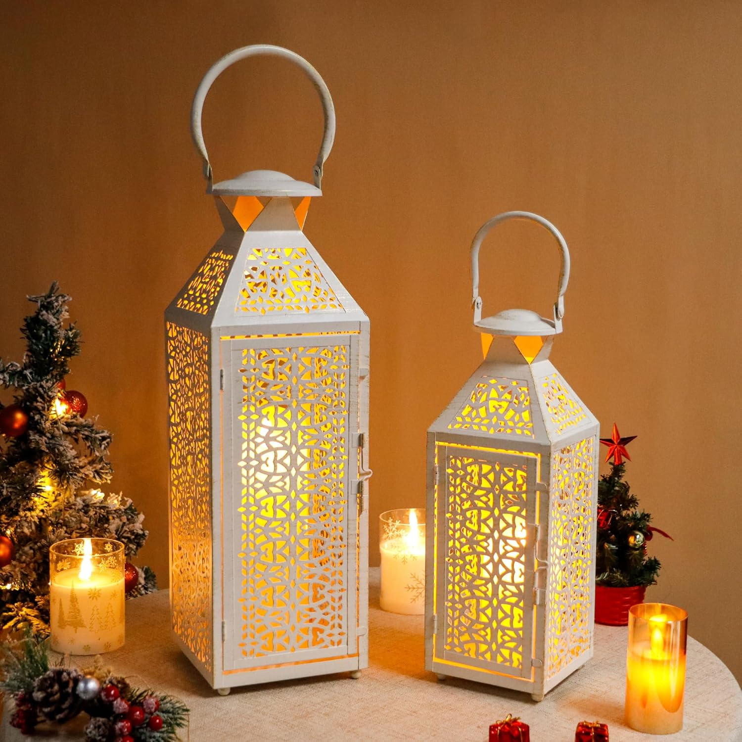 JHY DESIGN Set of 2 Vintage Candle Lanterns 19"&14''H Moroccan Decorative Metal Candle Holders with Hollow Pattern for Garden Porch Shelf Indoor Outdoor Parties Weddings Patio(White Brushed Gold)
