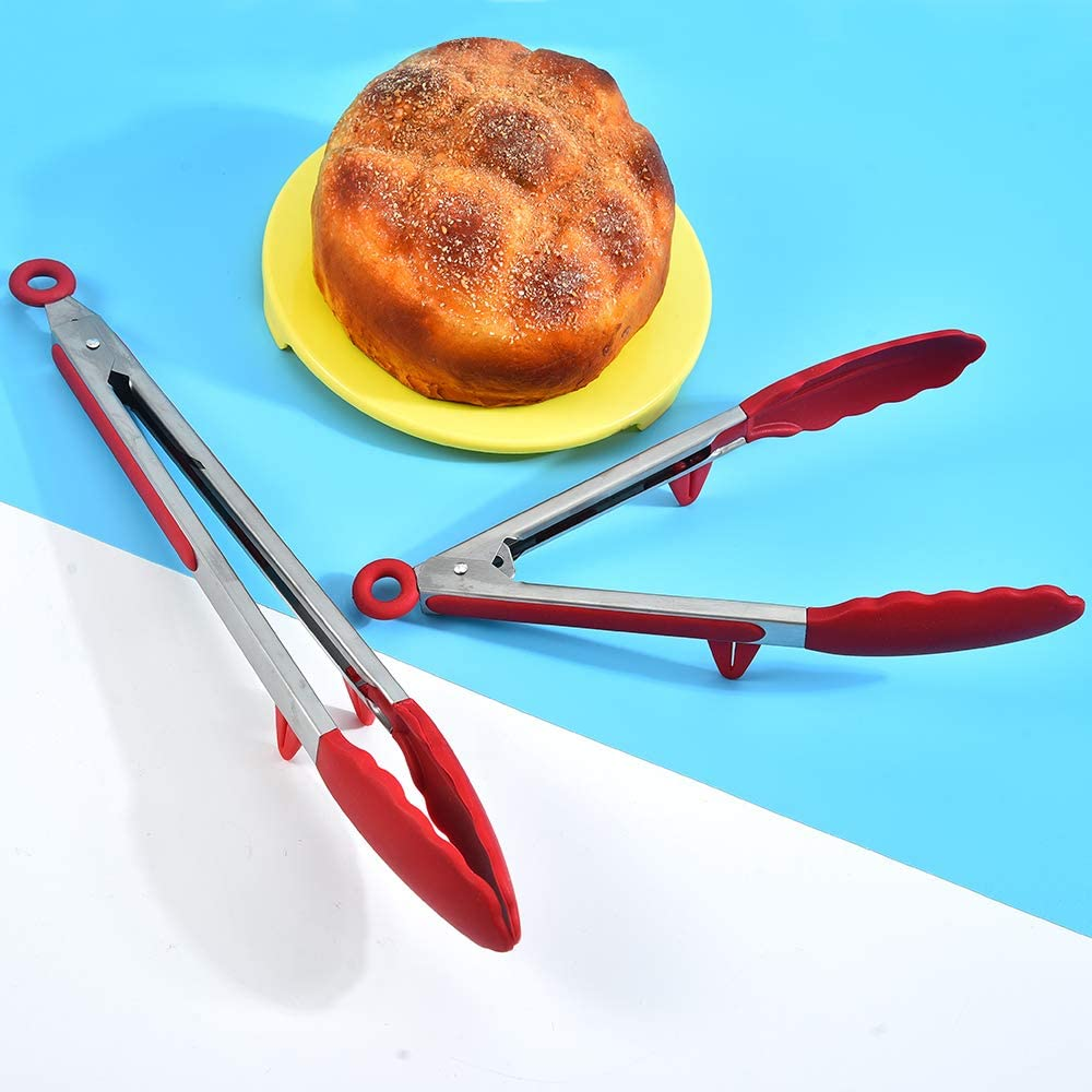 Kitchen Tongs for Cooking with Silicone Tips, Premium Stainless Steel Locking Kitchen Tongs with Stand for Baking, BBQ and Salad (12-Inch & 9-Inch Tong, plus 8-Inch Pastry Brush, Red)