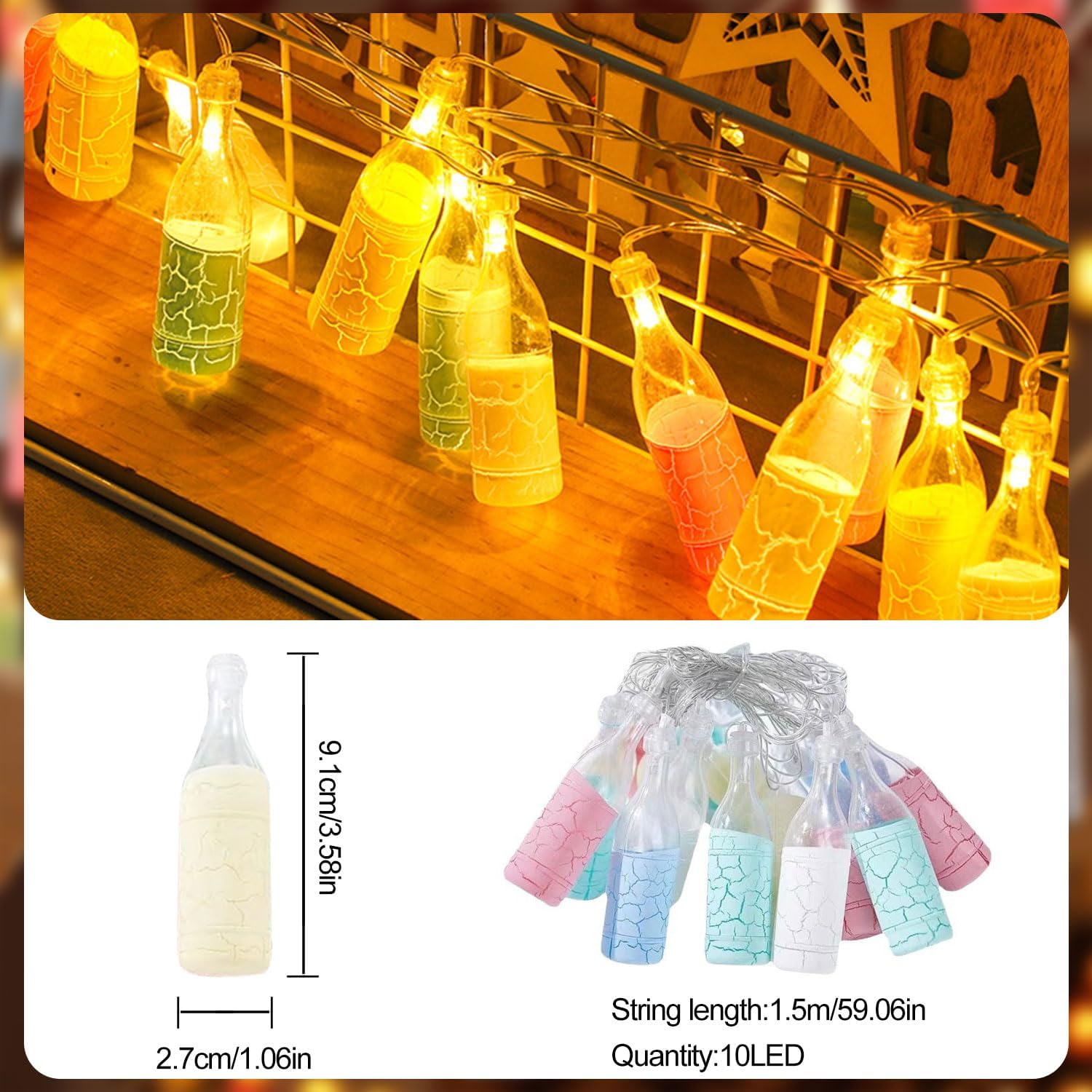 LED Fairy Lights with Bottle Design, 1.5 M 10 LED Wine Bottles Fairy Lights, Battery Operated, Luminous Wine Bottles, Battery Operated for Carnival, Halloween, Outdoor and Indoor, Decoration Living image number 3