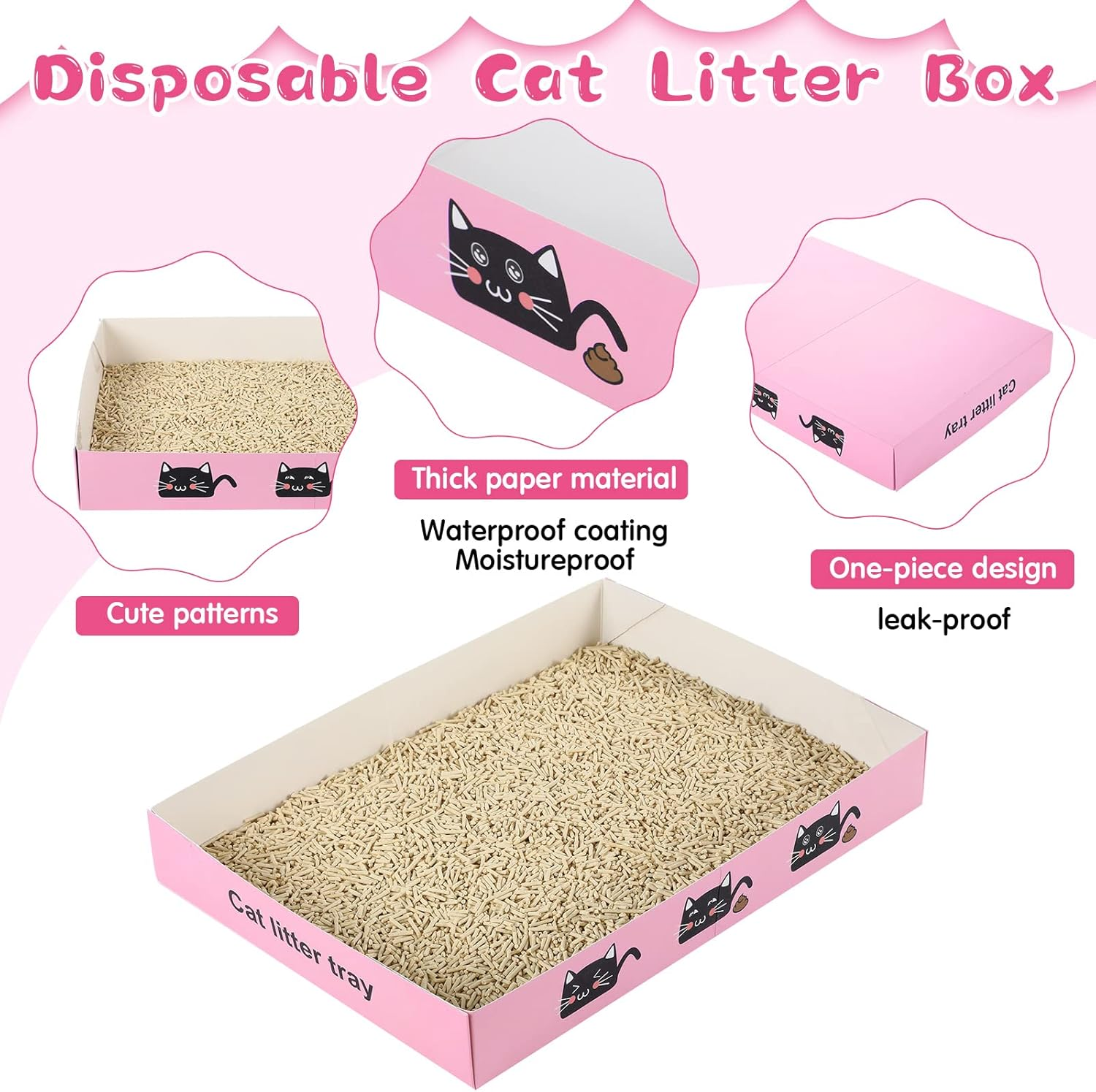 30 Pack Disposable Cat Litter Box Foldable Paper Kitty Tray 13.8X10X2 in Small Lightweight Cardboard Box Water Proof for Indoor Low Entry Easy Disposal Non Clumping Nice Absorption Portable (Pink) image number 3