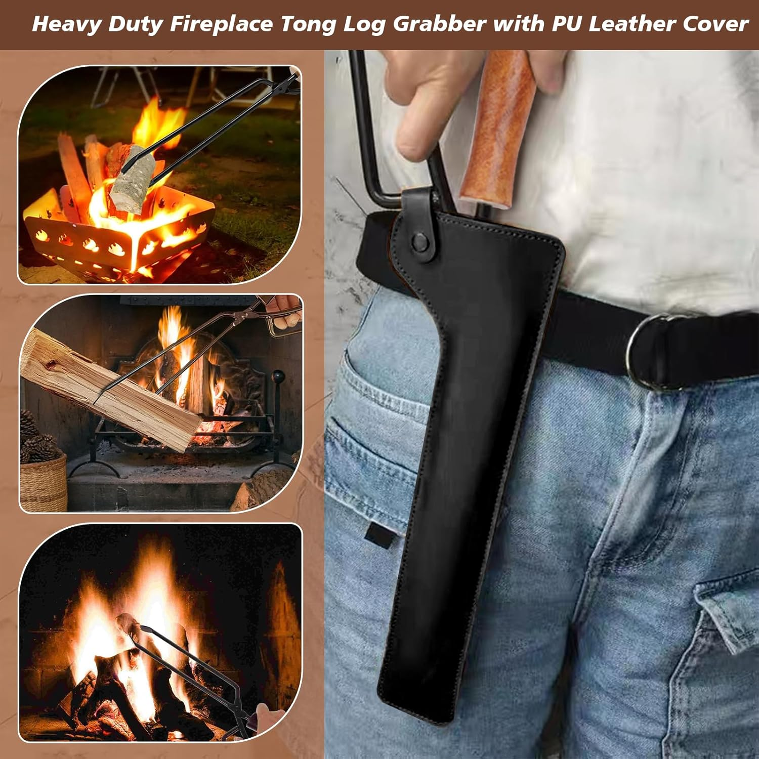Heavy Duty Fireplace Tong Log Grabber with PU Leather Cover- 40CM Fireplace Tong with Rubber Grip for Campfire, Fire Pit, BBQ, Wood Stove, Durable Fireplace Poker for Handling Hot Logs (Black Cover) image number 1