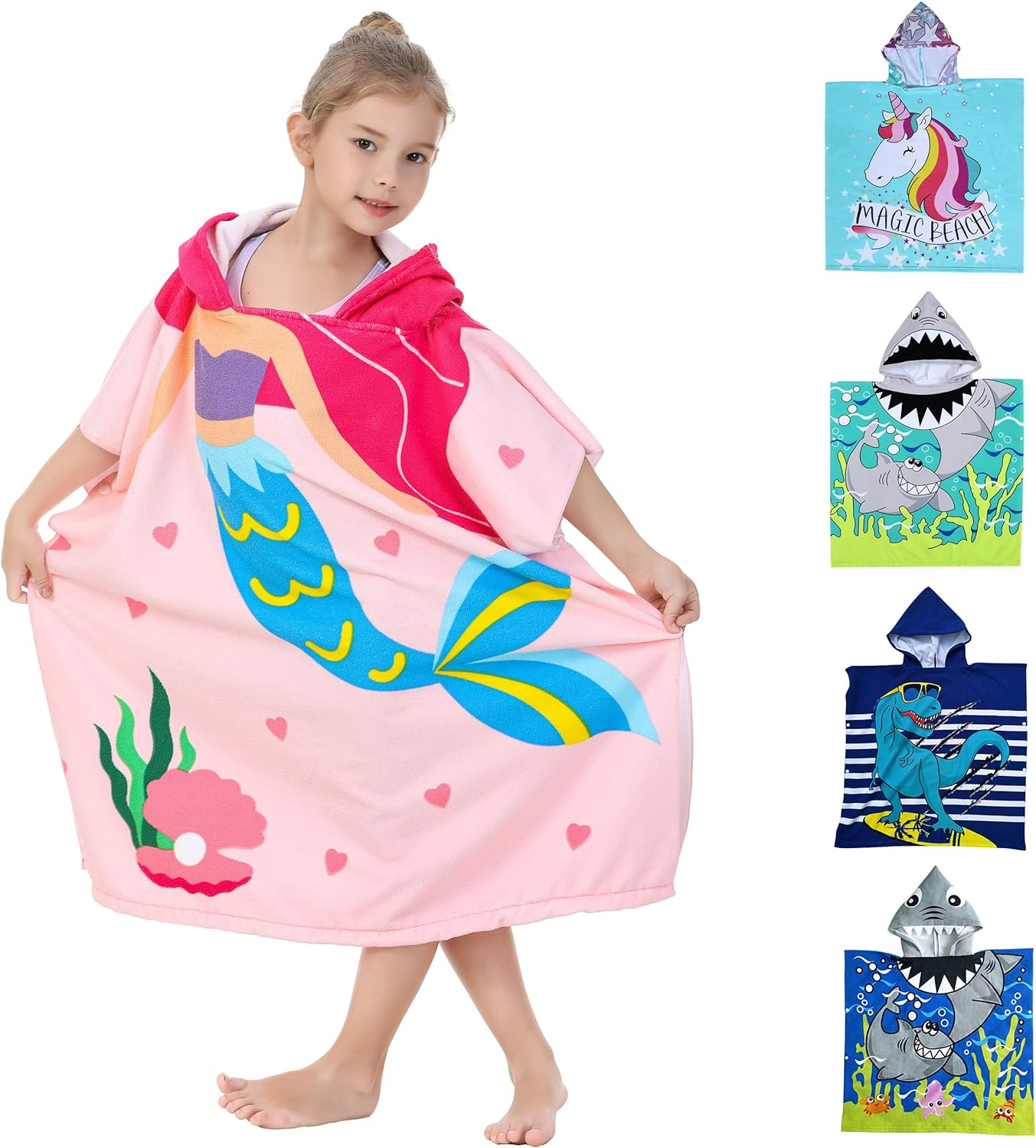 Athaelay Unicorn Design Poncho Towel for Girls Ultra Soft Swimsuit Cover-Ups with Drawstring Bag for 3 to 10 Years Kids Bath Beach and Pool