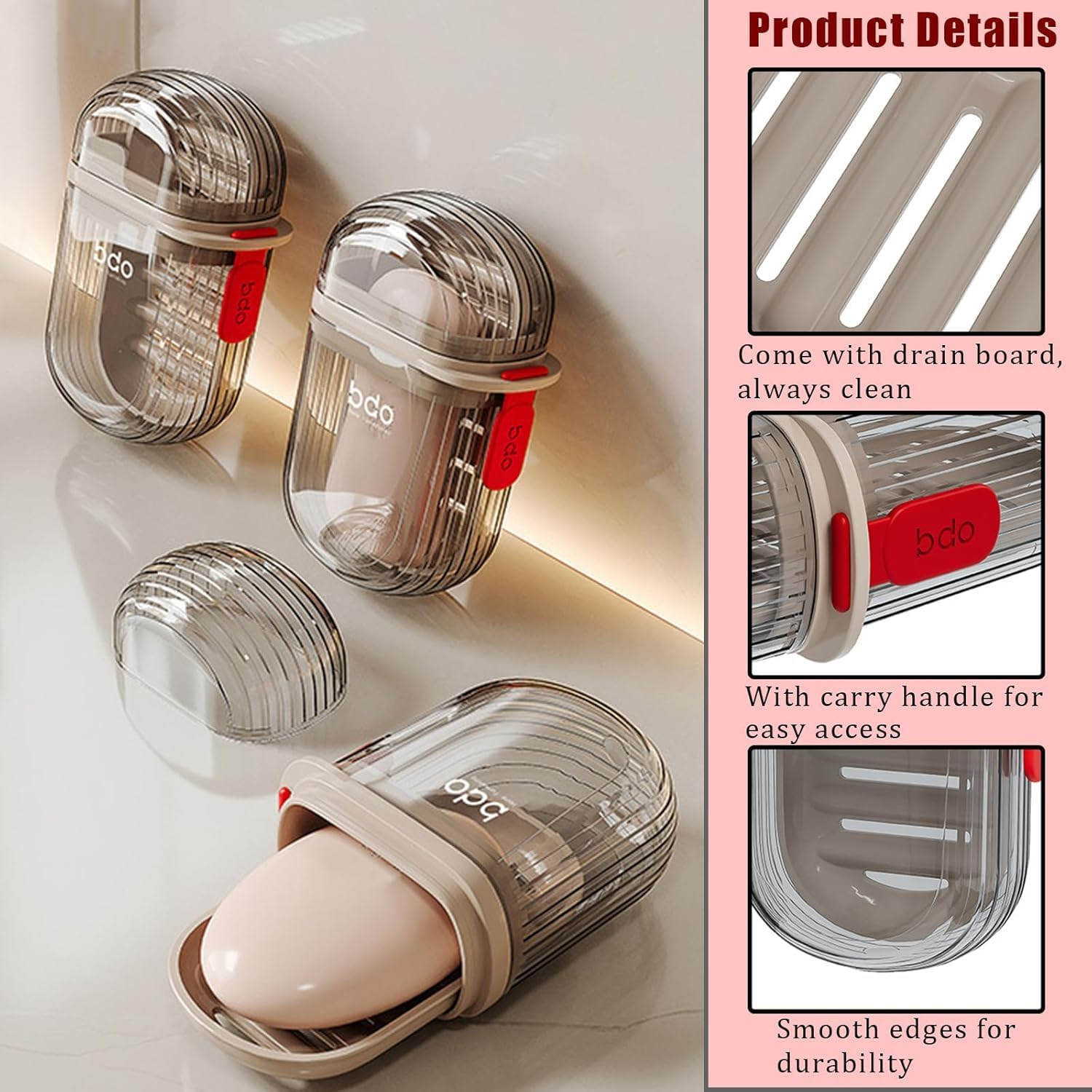 Leakproof Travel Soap Case &ndash; Travel Essentials Portable Bar Soap Holder with Drainage Tray & Secure Lid for Travel,Shower, Gym, Camping (Transparent)