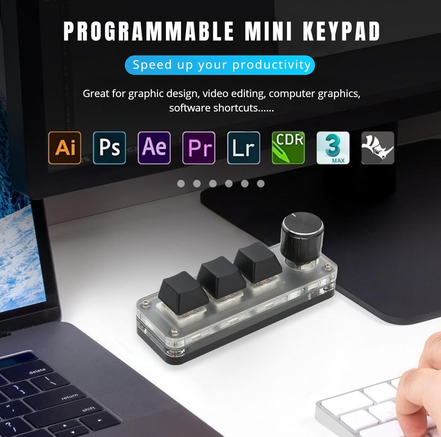 Jectse OSU Keypad, 3 Keys One Handed Macro Mechanical Keyboard with Knob, Programmable Macro Keypad, RGB Backlit, USB Powered image number 3