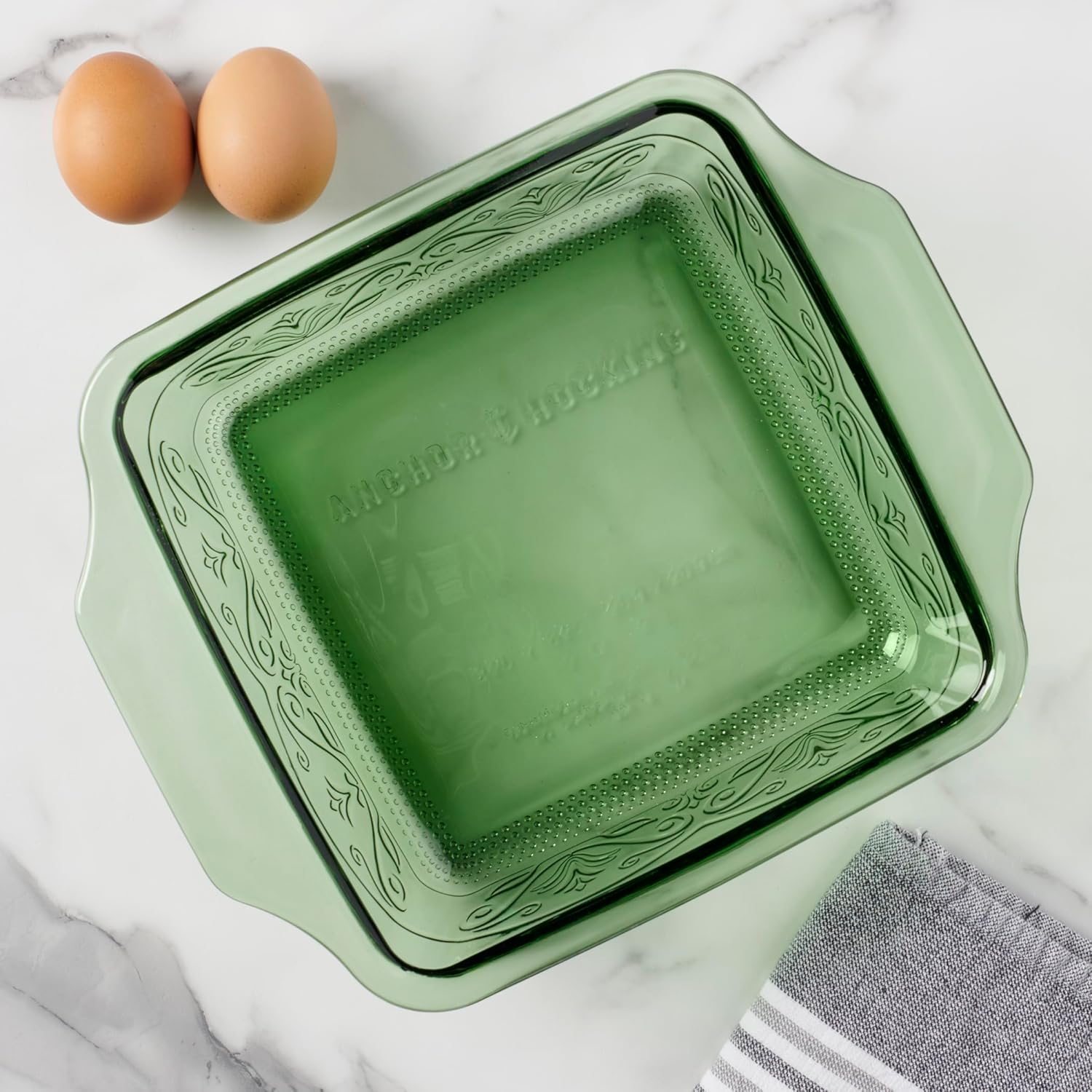Anchor Hocking Laurel Embossed Bakeware 2-Piece Set &ndash; 3 Quart Baking Dish and 8 Inch Square Dish &ndash; Oven Safe, Microwave Safe, Dishwasher Safe Glass Bakeware, Fern Green image number 1