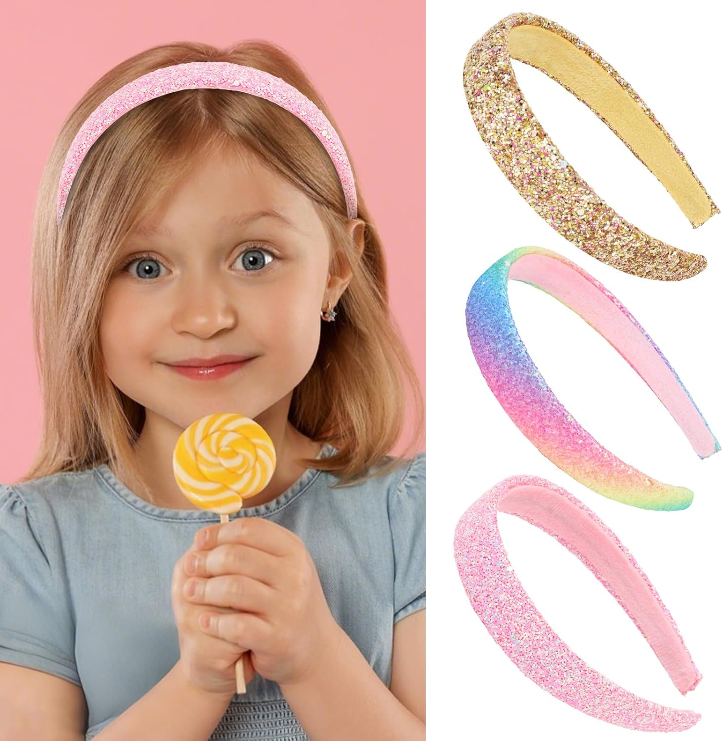 Uintoon Girls Headbands, 3PCS Headbands for Girls Women Glitter Gold Rainbow Pink Headband Sparkly Sequin Headband Hair Accessories image number 6