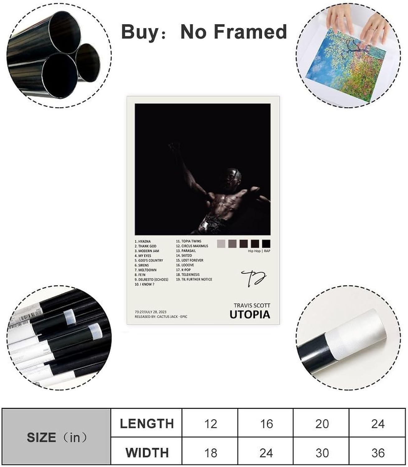 YEZLH Travis Poster Scott Utopia Music Album Cover Signed Limited Canvas Poster Wall Art Decor Print Picture Paintings for Living Room Bedroom Decoration Unframe:12X18Inch(30X45Cm)