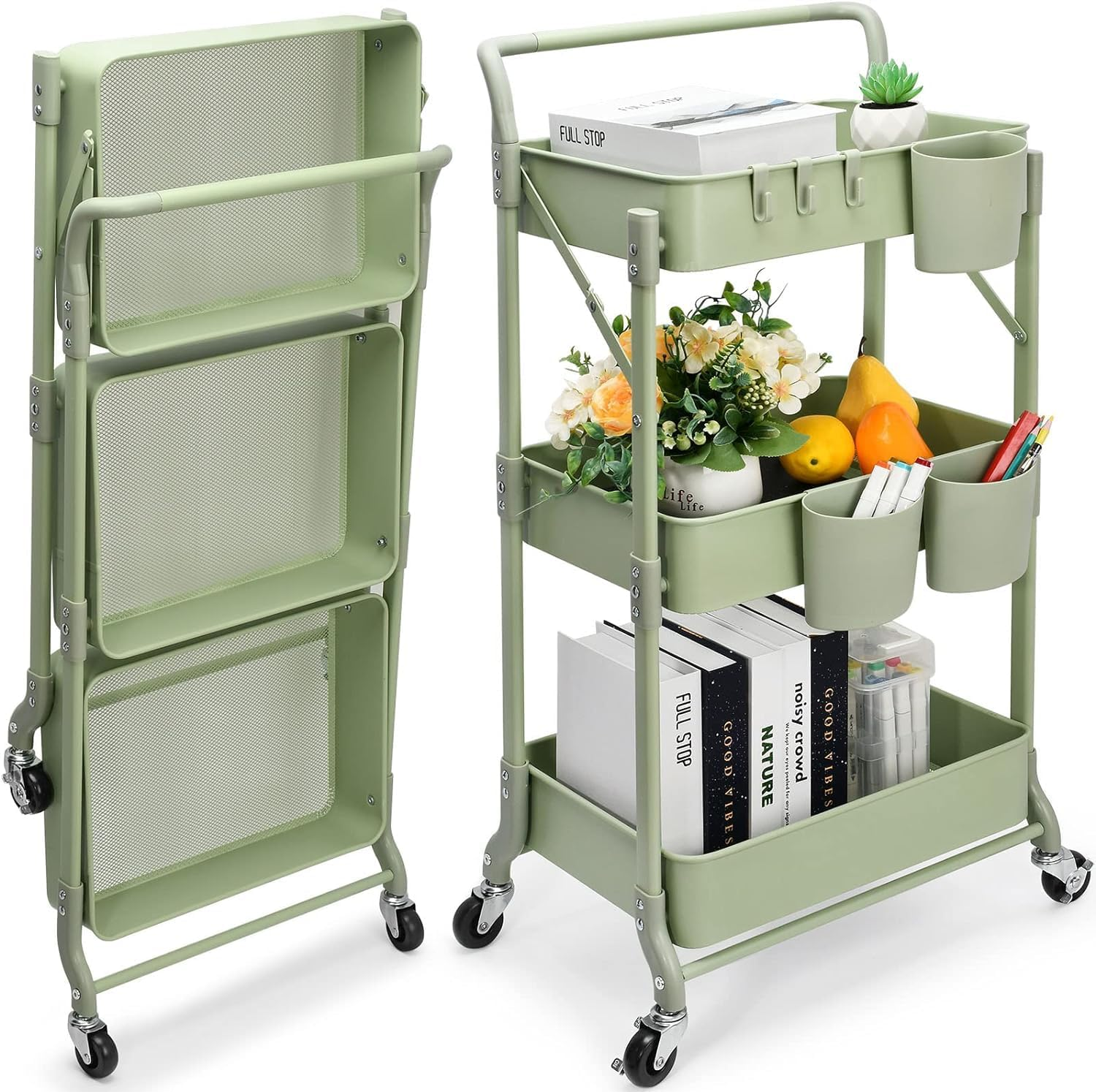 Johgee Foldable 3 Tier Metal Utility Rolling Cart, Folding Mobile Multi-Function Storage Trolley Organizer Cart for Home Library Office(White)