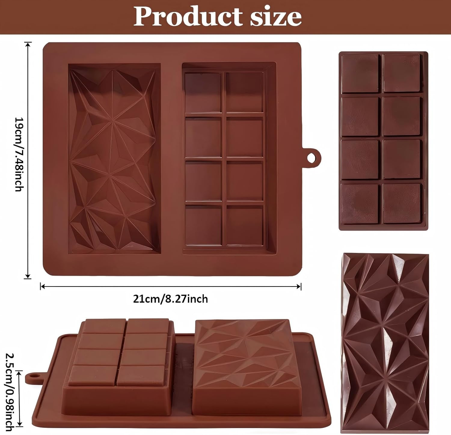 2 Pack Chocolate Bar Mold Deep Dubai 1 Inch Pistachio Chocolate Bar Silicone Thick Mold for Stuffed Bar, Home Kitchen Baking, Holiday Gifts, Wedding Parties Large Candy Bar Mold for Filling