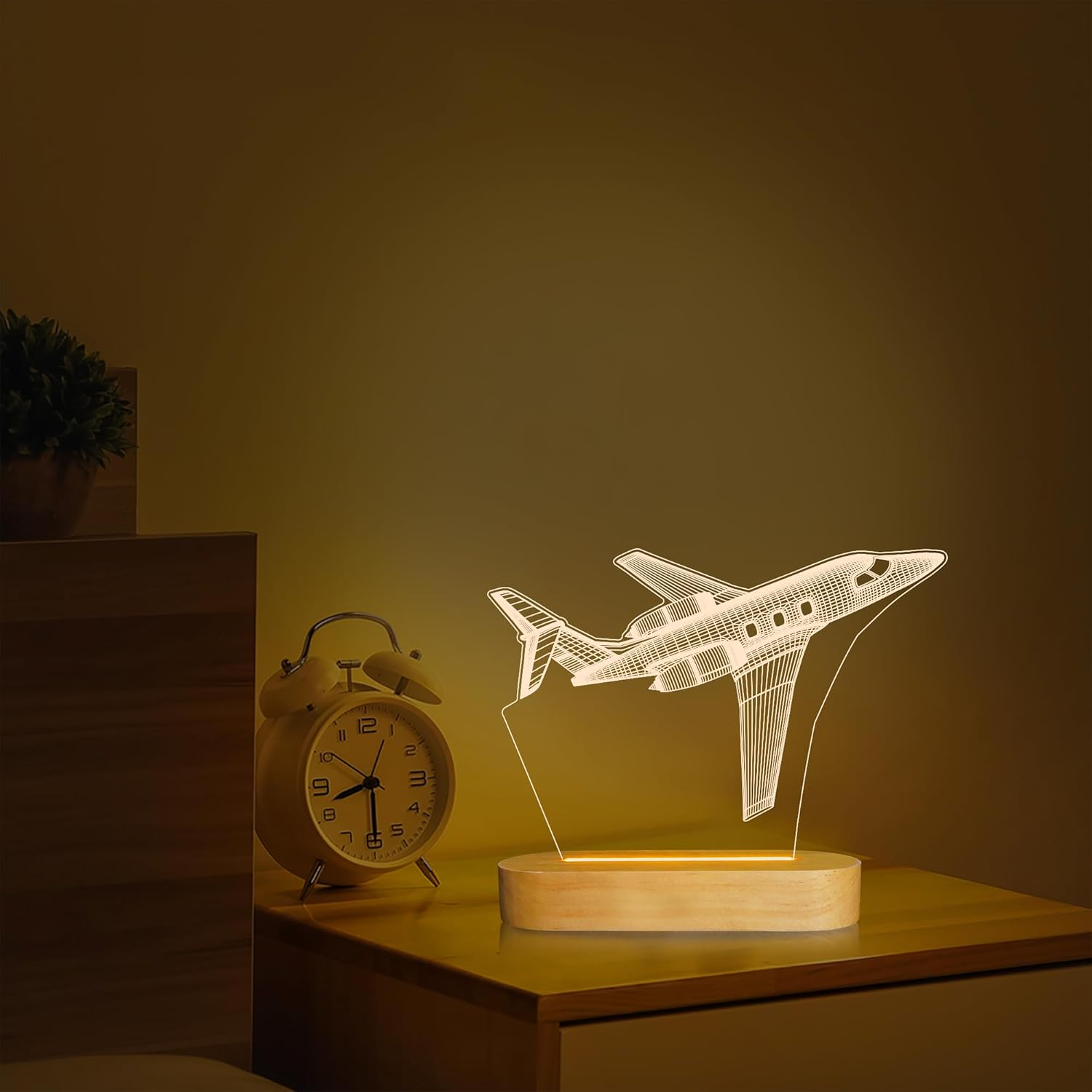 Airplane Night Light 3D Illusion Lamp, Soft Warm Colors Wood Table Lamp for Boys Pilot Gifts Birthday Gifts with USB Power(Plane) image number 4